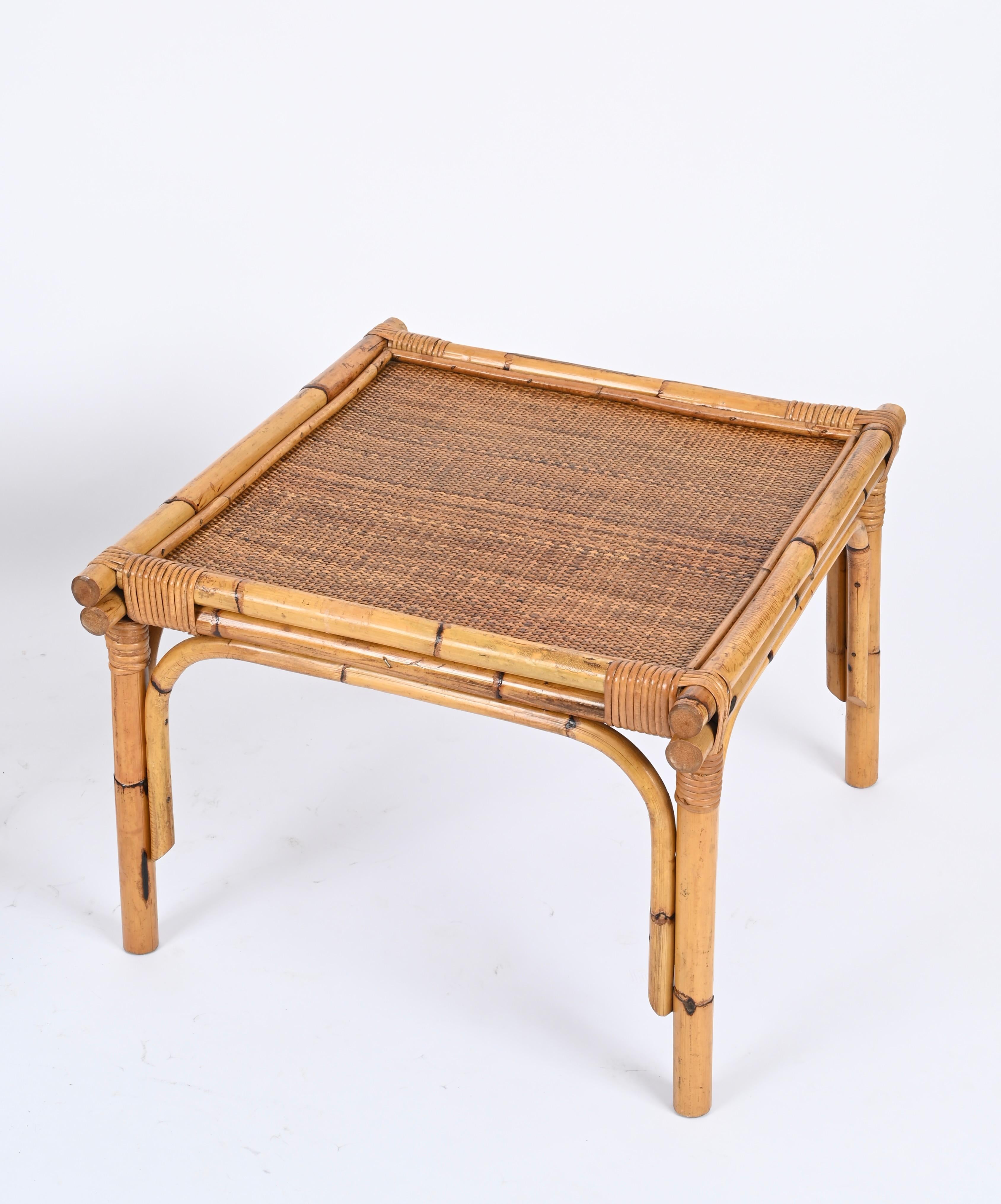 Bamboo Pair of French Riviera Square Coffee Table in Rattan and Wicker, Italy 1970s For Sale