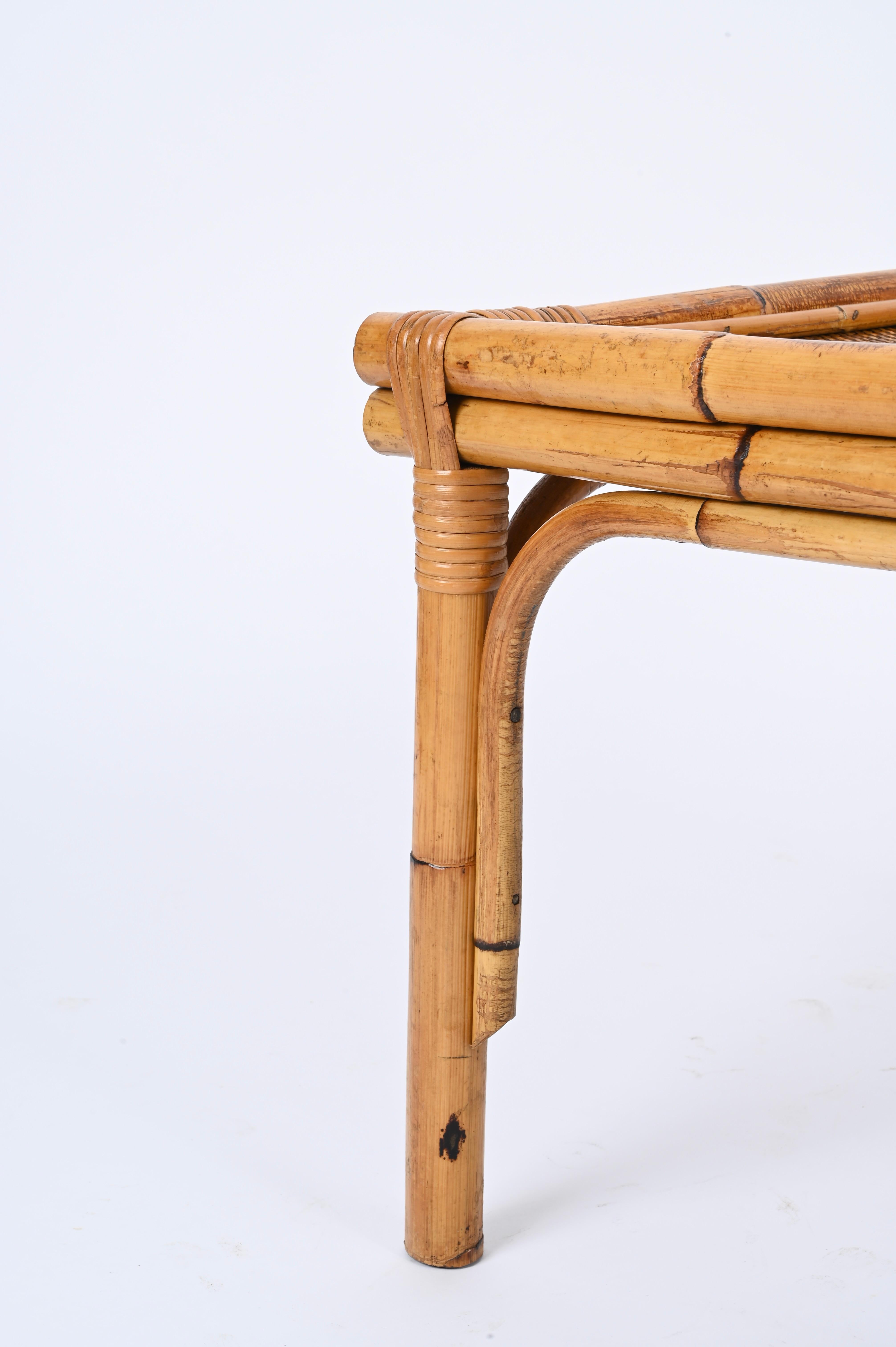Pair of French Riviera Square Coffee Table in Rattan and Wicker, Italy 1970s 1