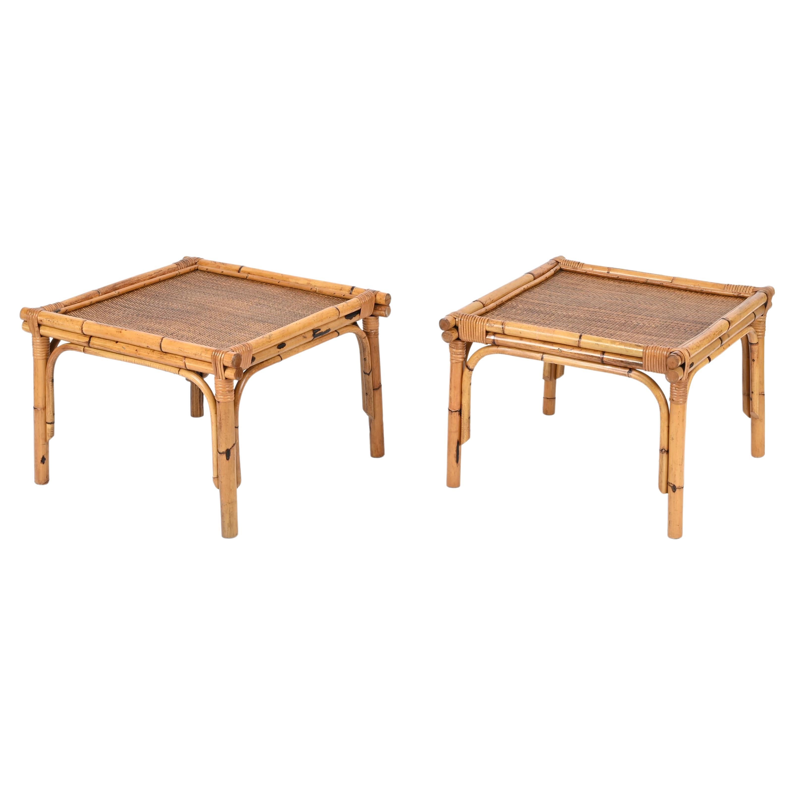 Pair of French Riviera Square Coffee Table in Rattan and Wicker, Italy 1970s