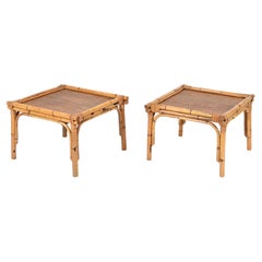Pair of French Riviera Square Coffee Table in Rattan and Wicker, Italy 1970s