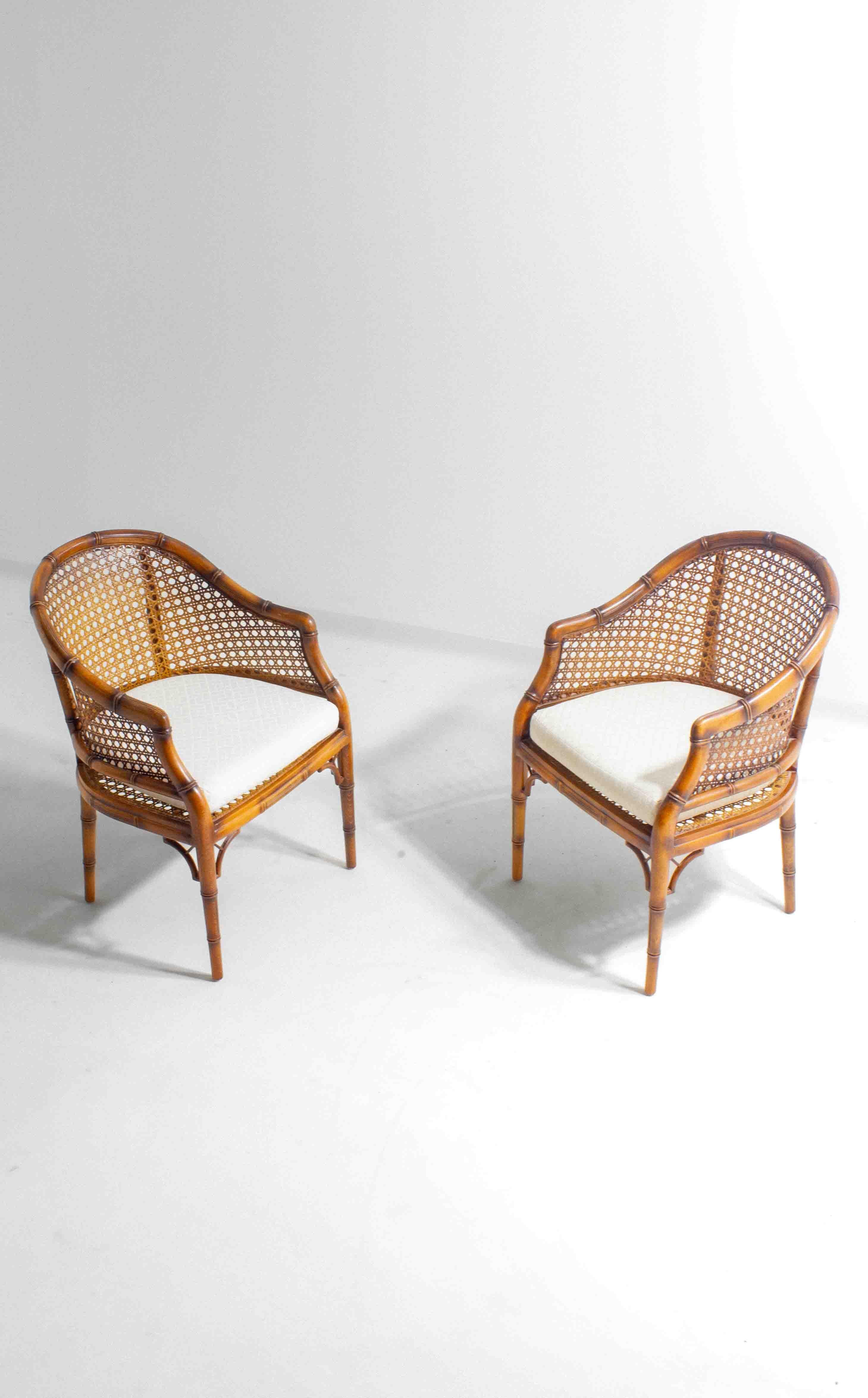 Pair of French Riviera style faux bamboo lounge chairs in wicker, 1980s For Sale 6