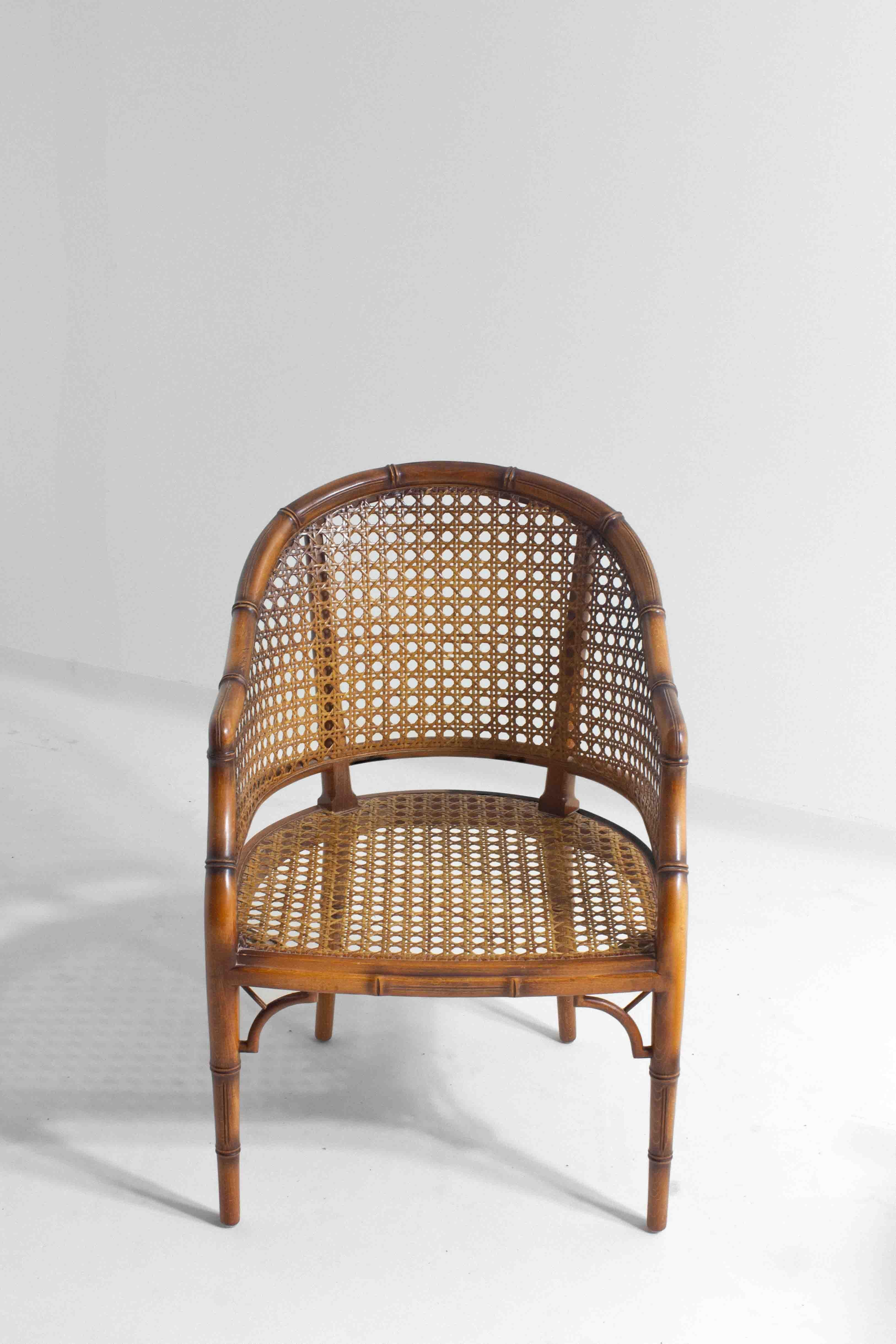 Pair of French Riviera style faux bamboo lounge chairs in wicker, 1980s For Sale 7