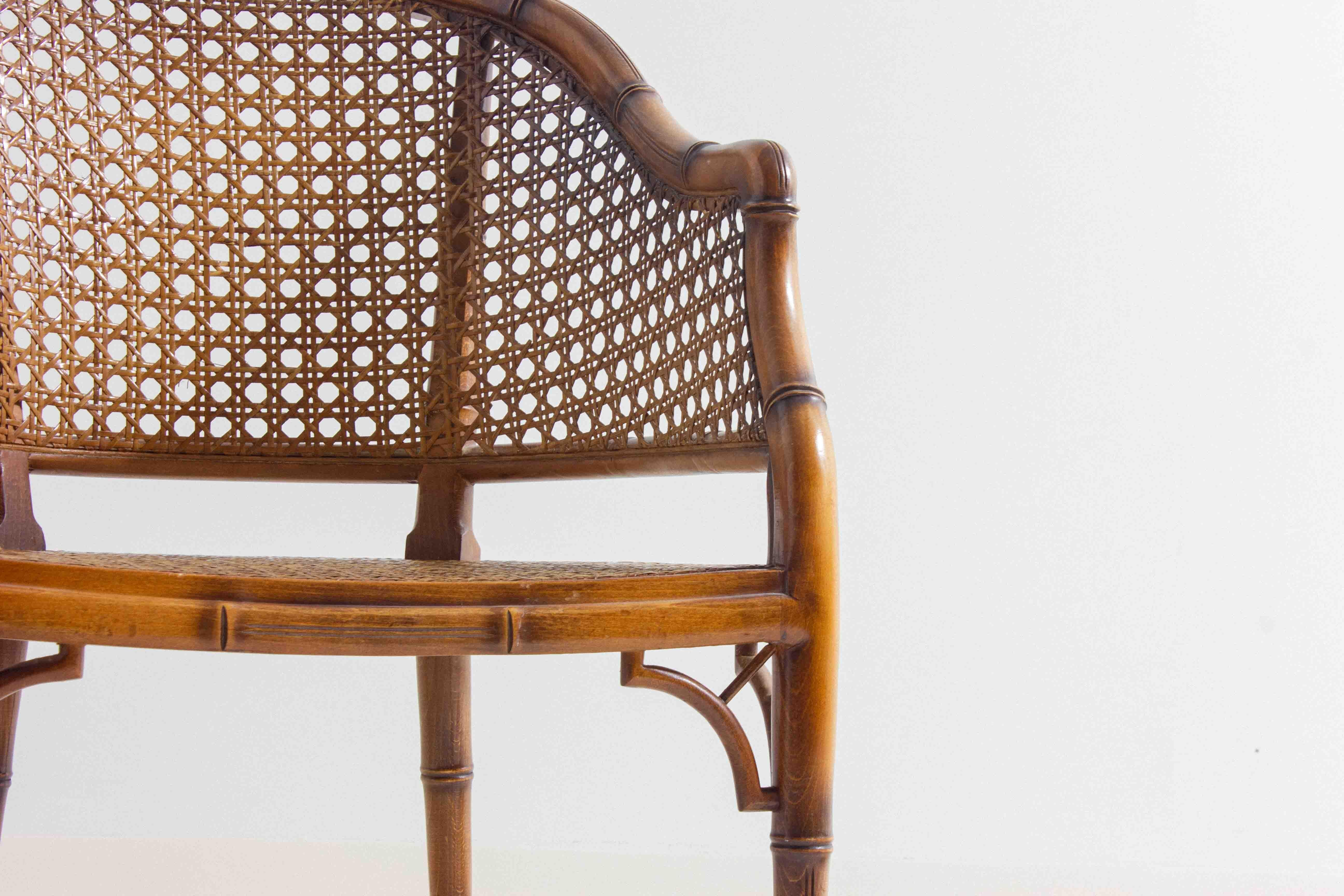 Pair of French Riviera style faux bamboo lounge chairs in wicker, 1980s For Sale 8