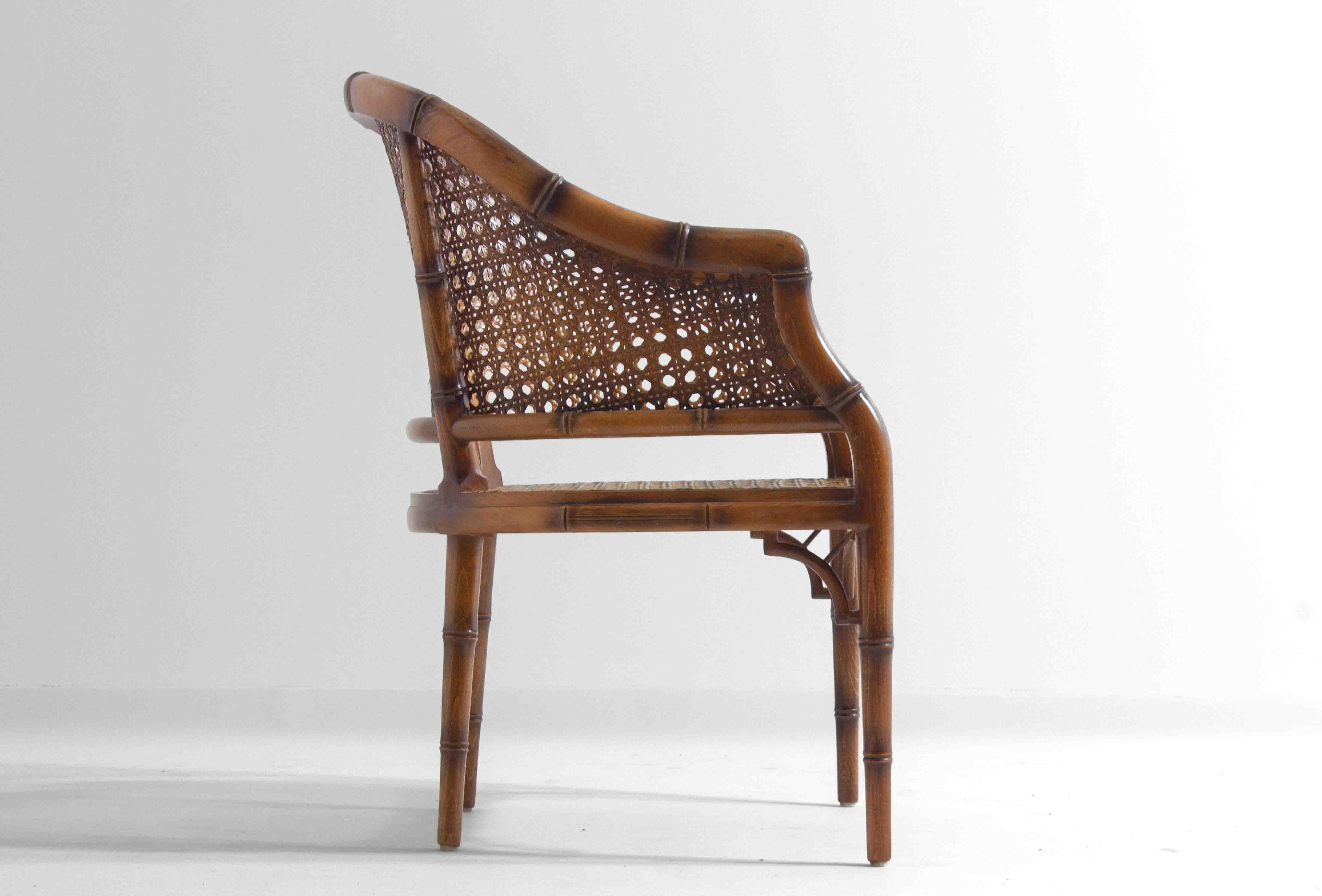 Pair of French Riviera style faux bamboo lounge chairs in wicker, 1980s For Sale 9