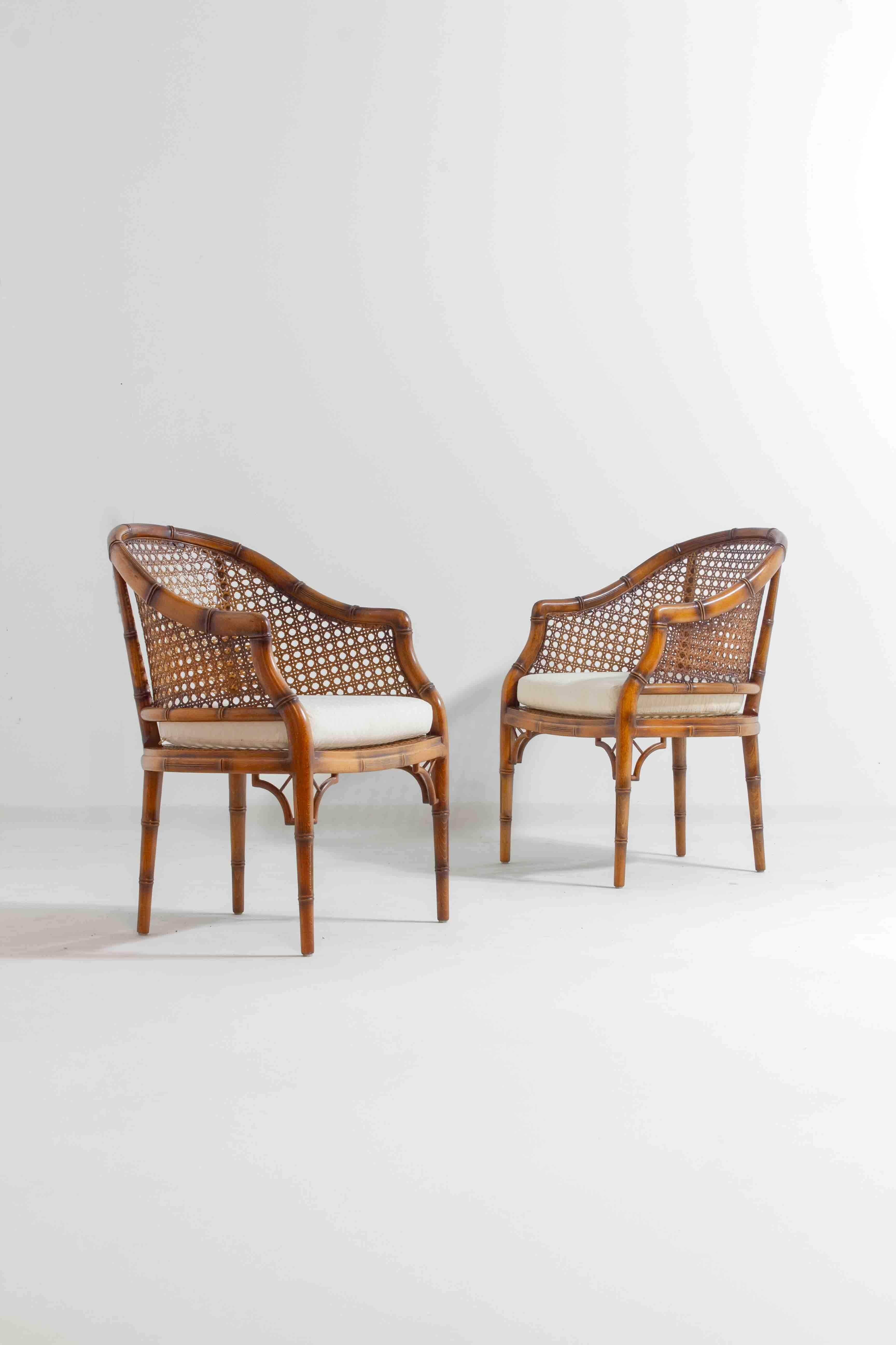 Faux Bamboo Pair of French Riviera style faux bamboo lounge chairs in wicker, 1980s For Sale