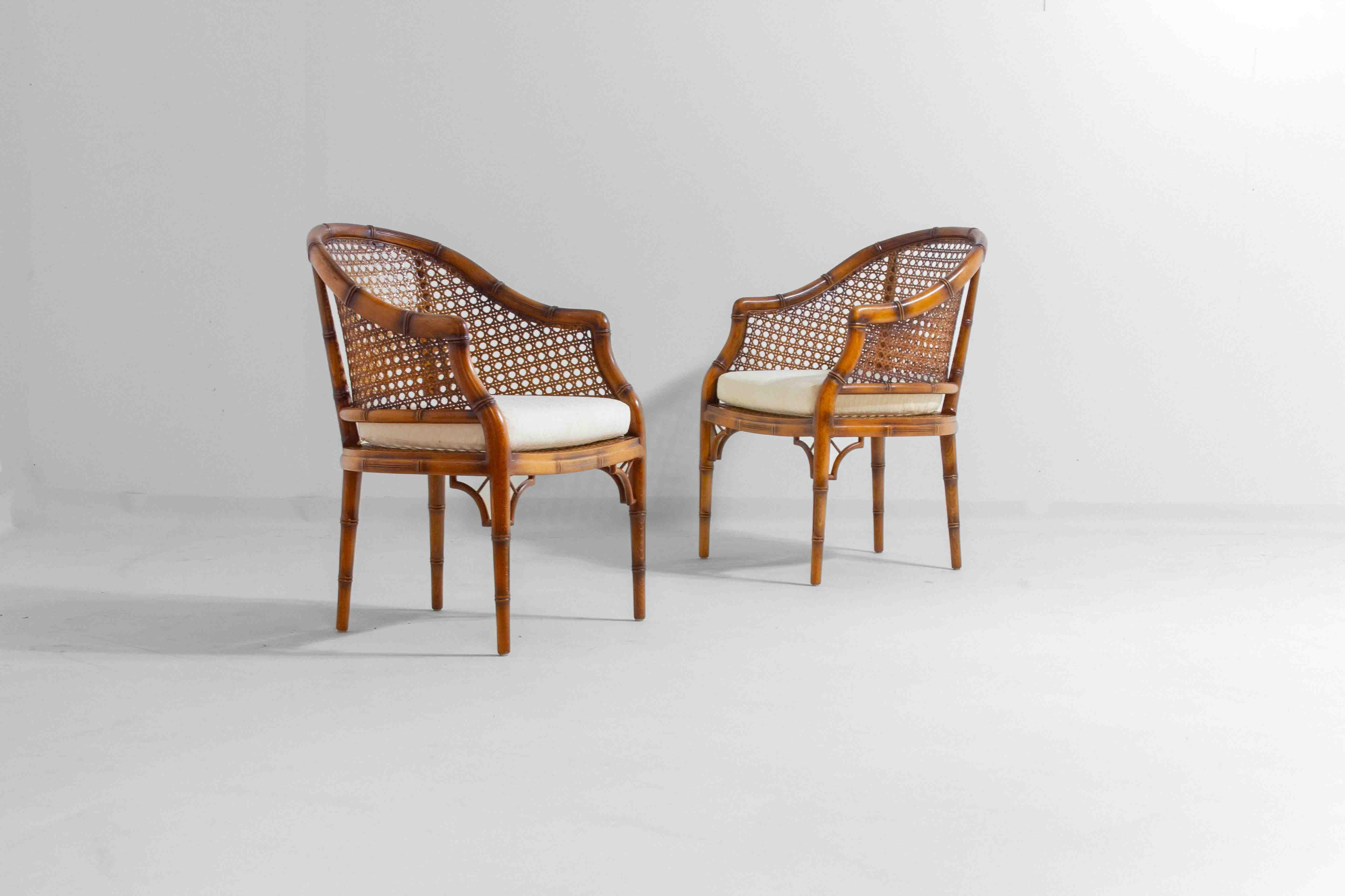 Pair of French Riviera style faux bamboo lounge chairs in wicker, 1980s For Sale 1