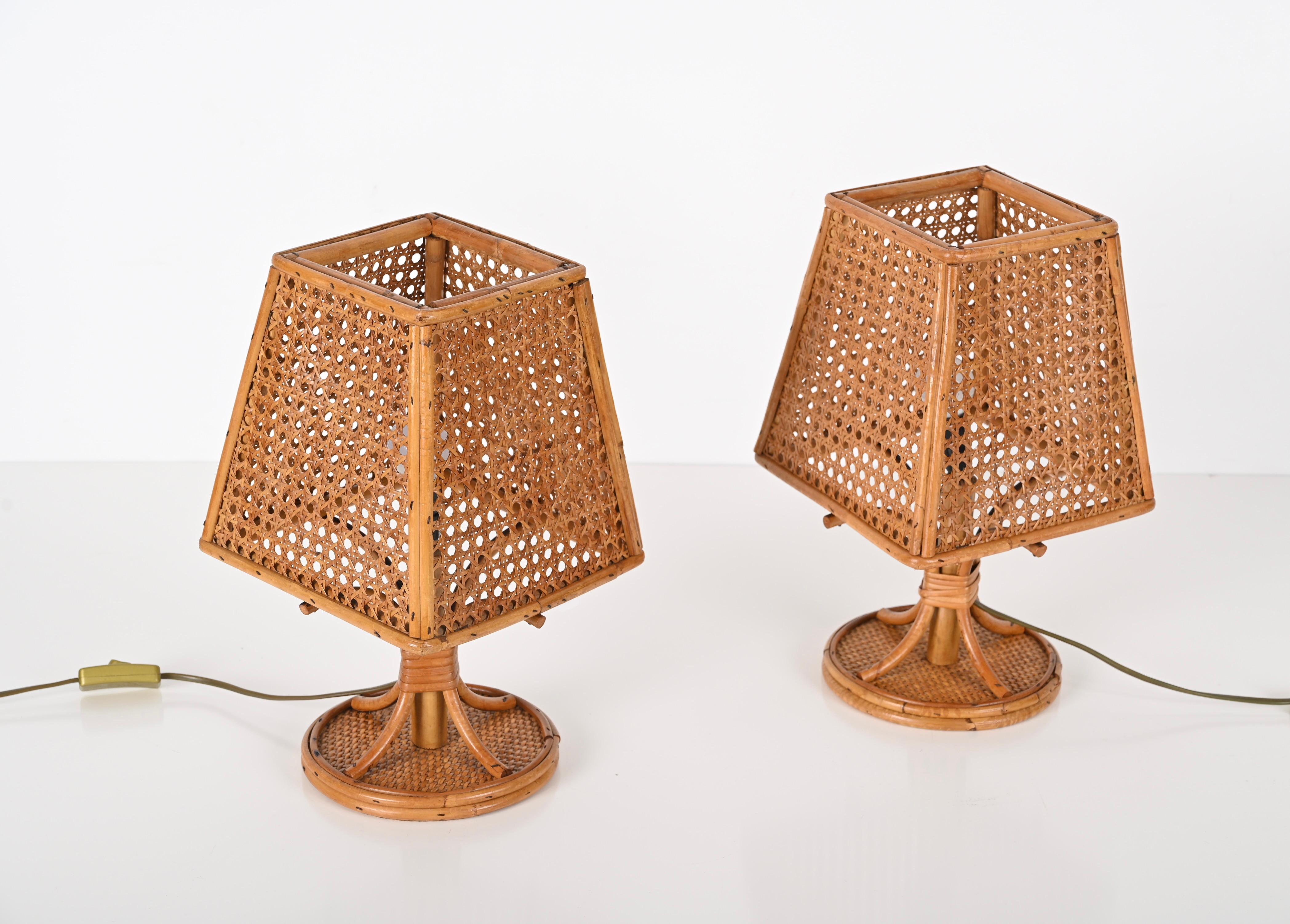 Pair of French Riviera Table Lamps in Wicker and Rattan, Italy 1960s 1