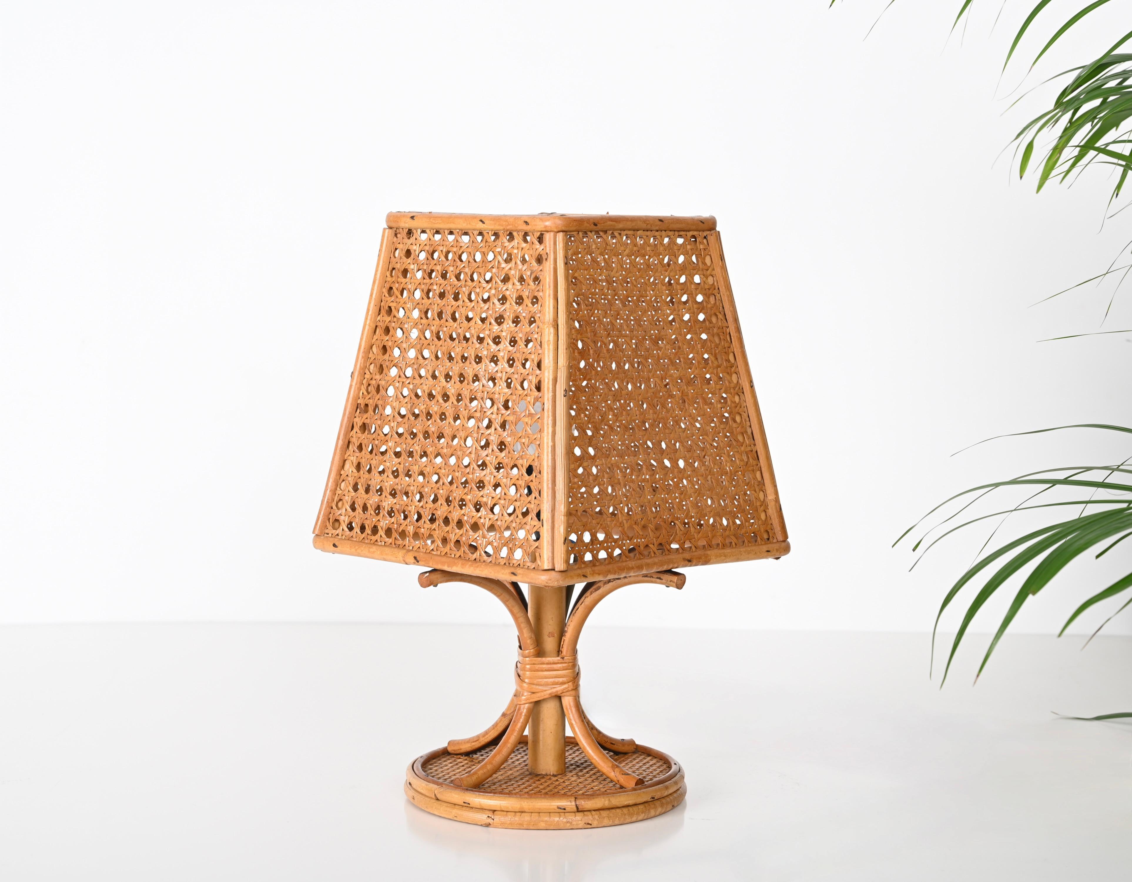 Mid-Century Modern Pair of French Riviera Table Lamps in Wicker and Rattan, Italy 1960s