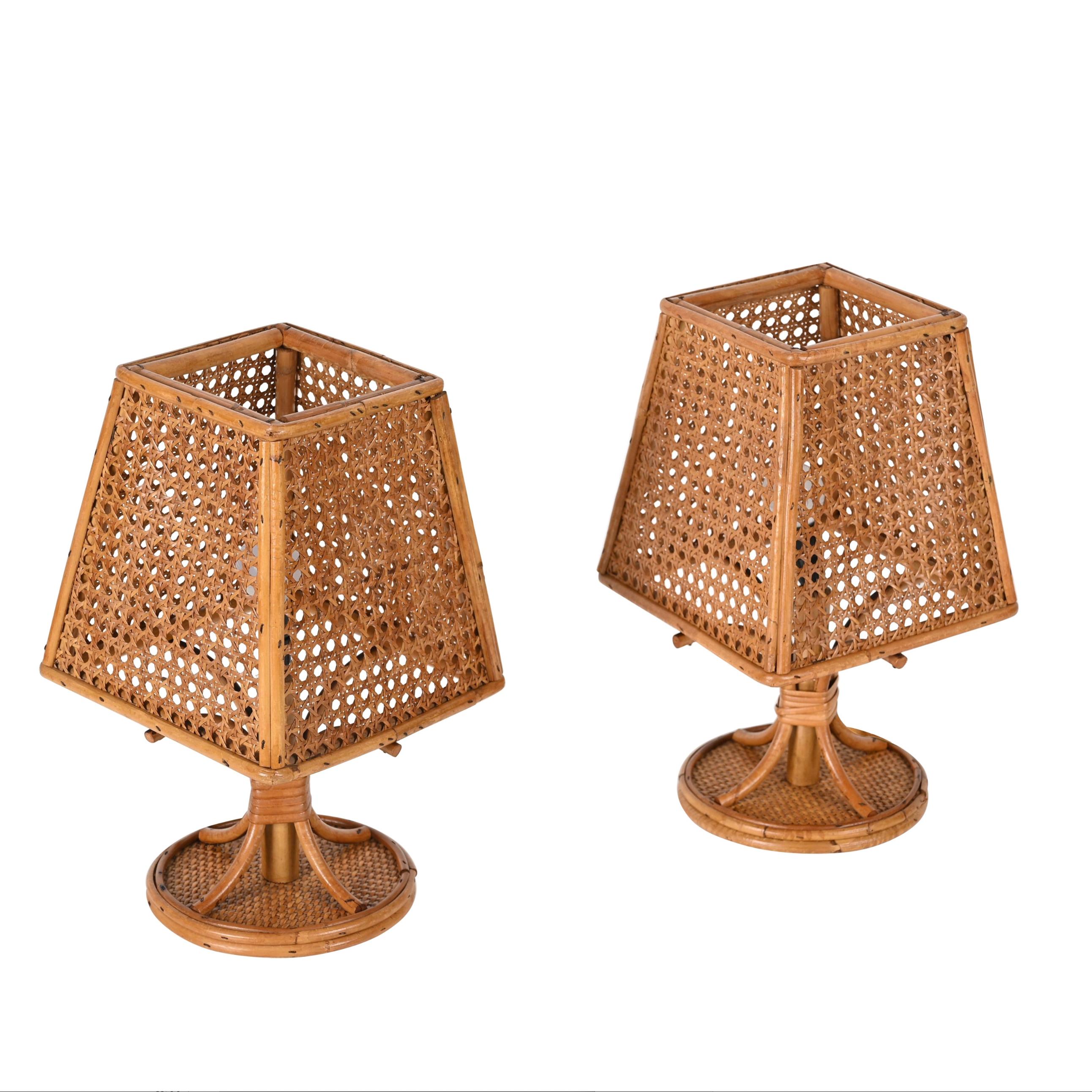 Hand-Woven Pair of French Riviera Table Lamps in Wicker and Rattan, Italy 1960s