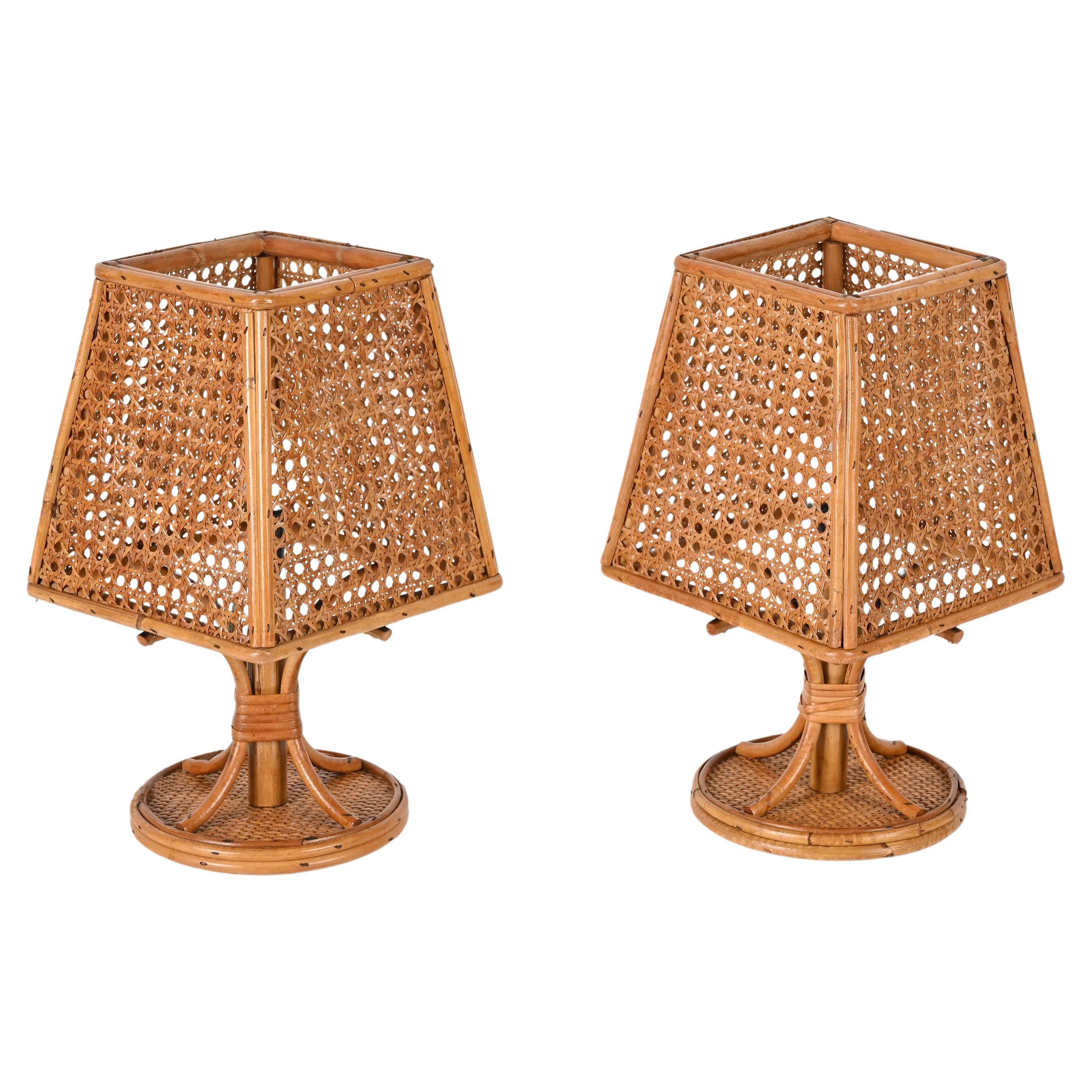 Pair of French Riviera Table Lamps in Wicker and Rattan, Italy 1960s For Sale