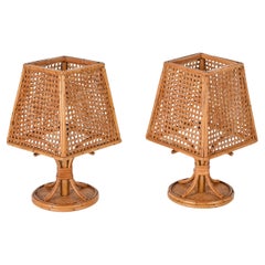 Pair of French Riviera Table Lamps in Wicker and Rattan, Italy 1960s