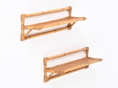Pair of French Riviera Wall Shelves in Rattan, Bamboo and Wicker, Italy 1970s