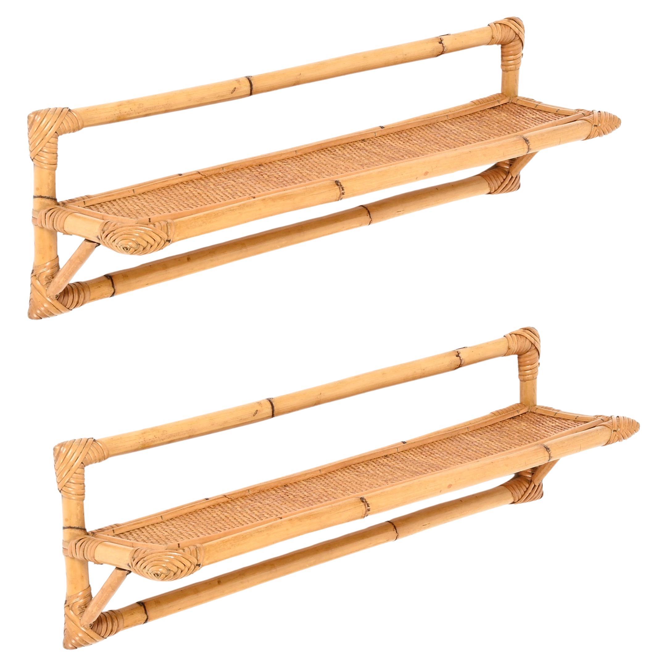 Pair of French Riviera Wall Shelves in Rattan, Bamboo and Wicker, Italy 1970s For Sale