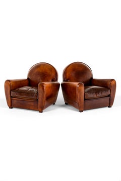 Pair of French Round Top Leather Club Chairs