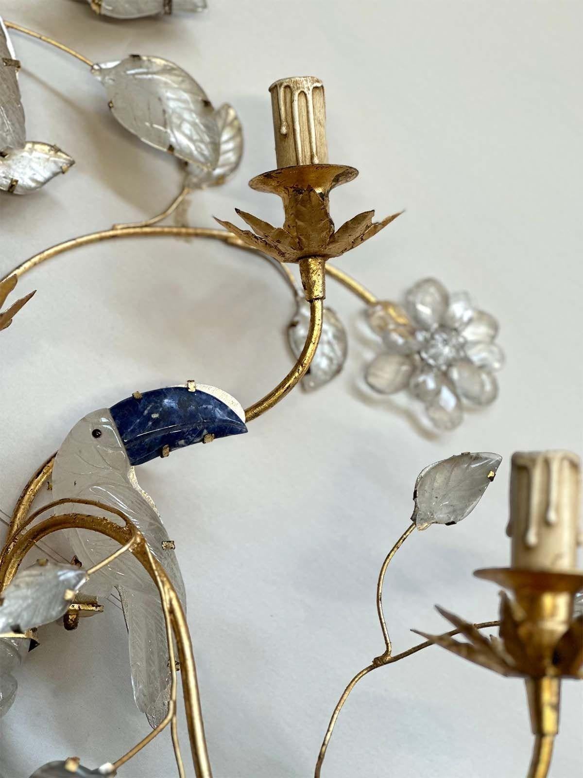Mid-20th Century Pair of French Rock Crystal & Lapis Lazuli Stone Sconces For Sale