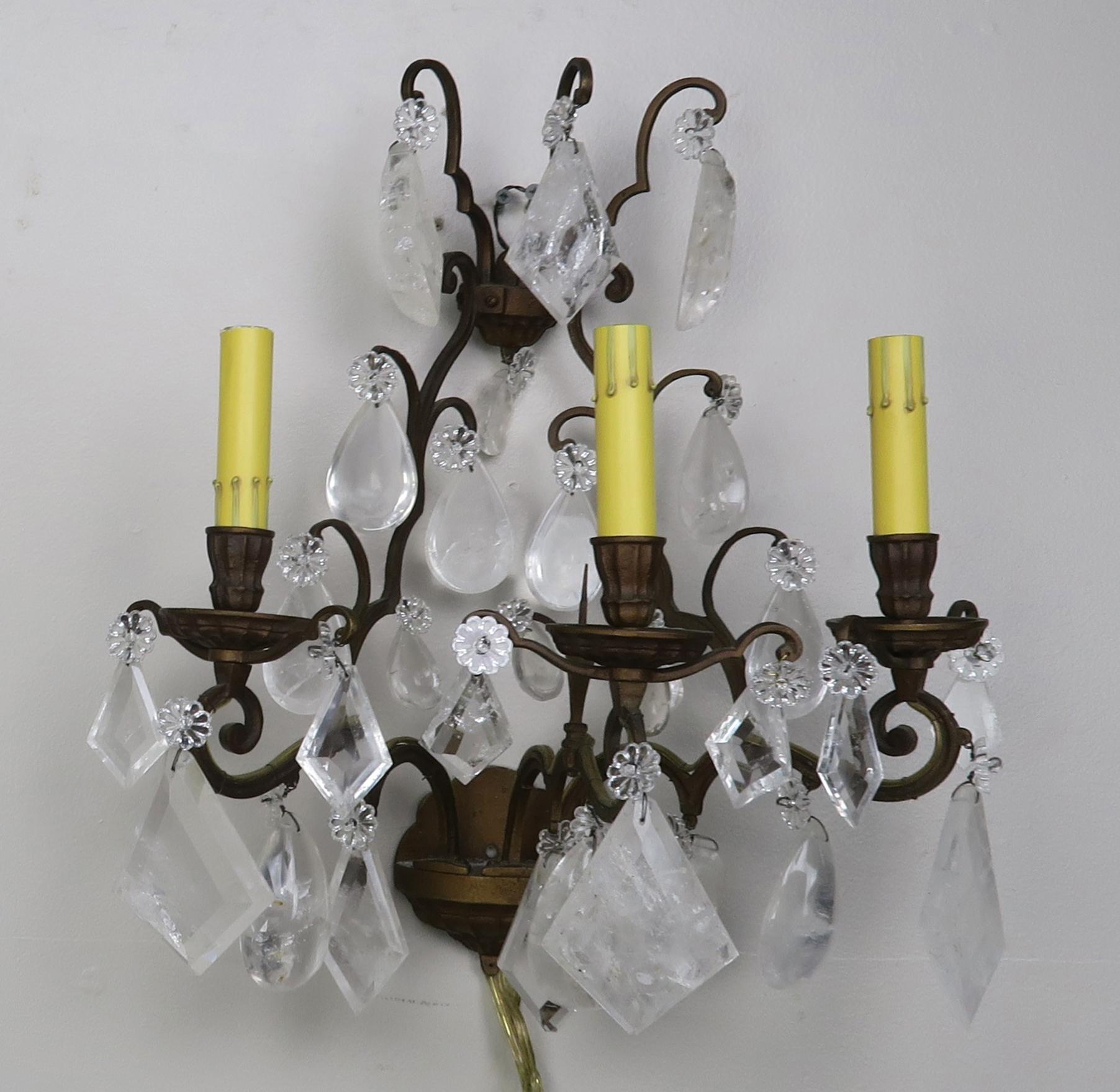 Metal Pair of French Rock Crystal Sconces, circa 1930s For Sale