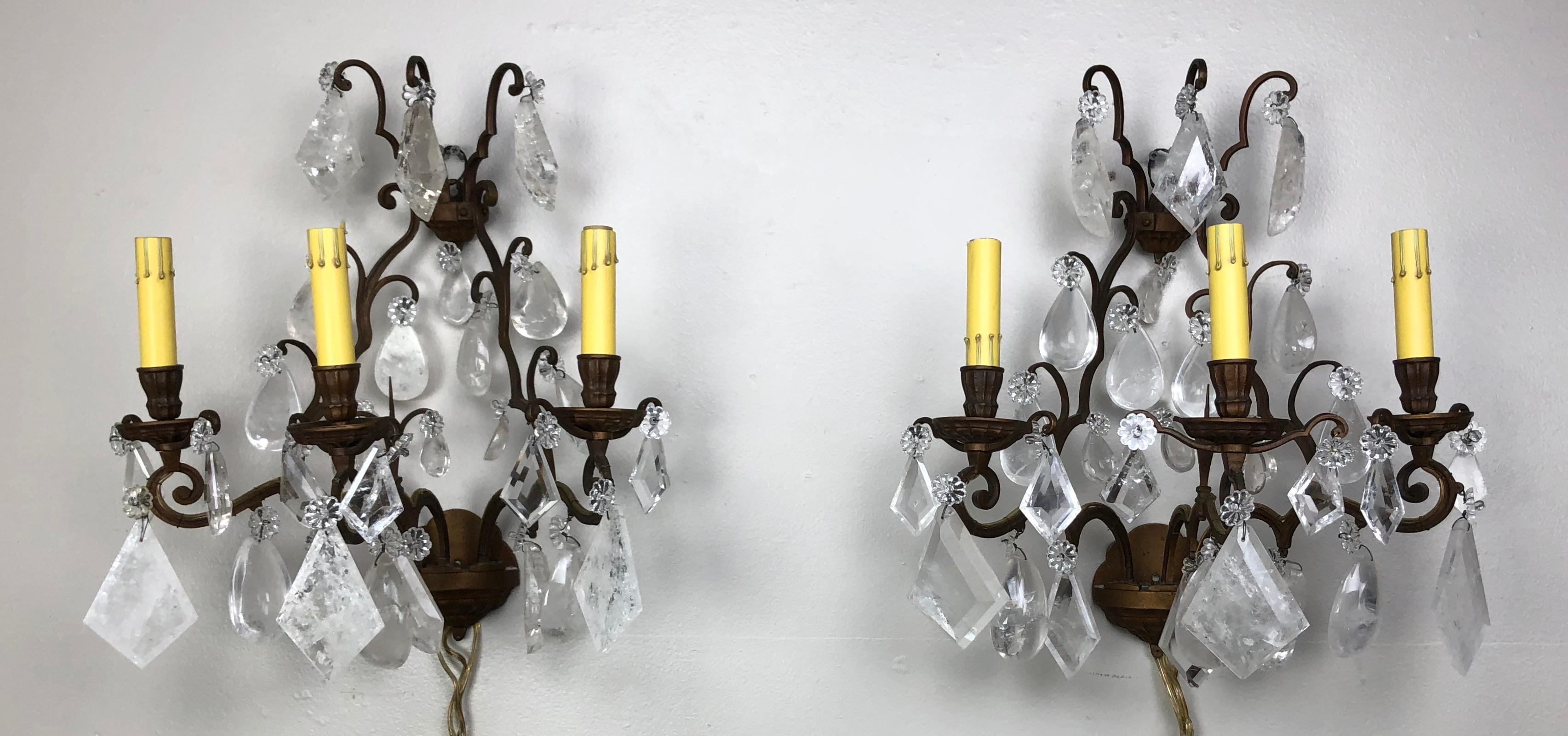 Pair of French Rock Crystal Sconces, circa 1930s For Sale 3