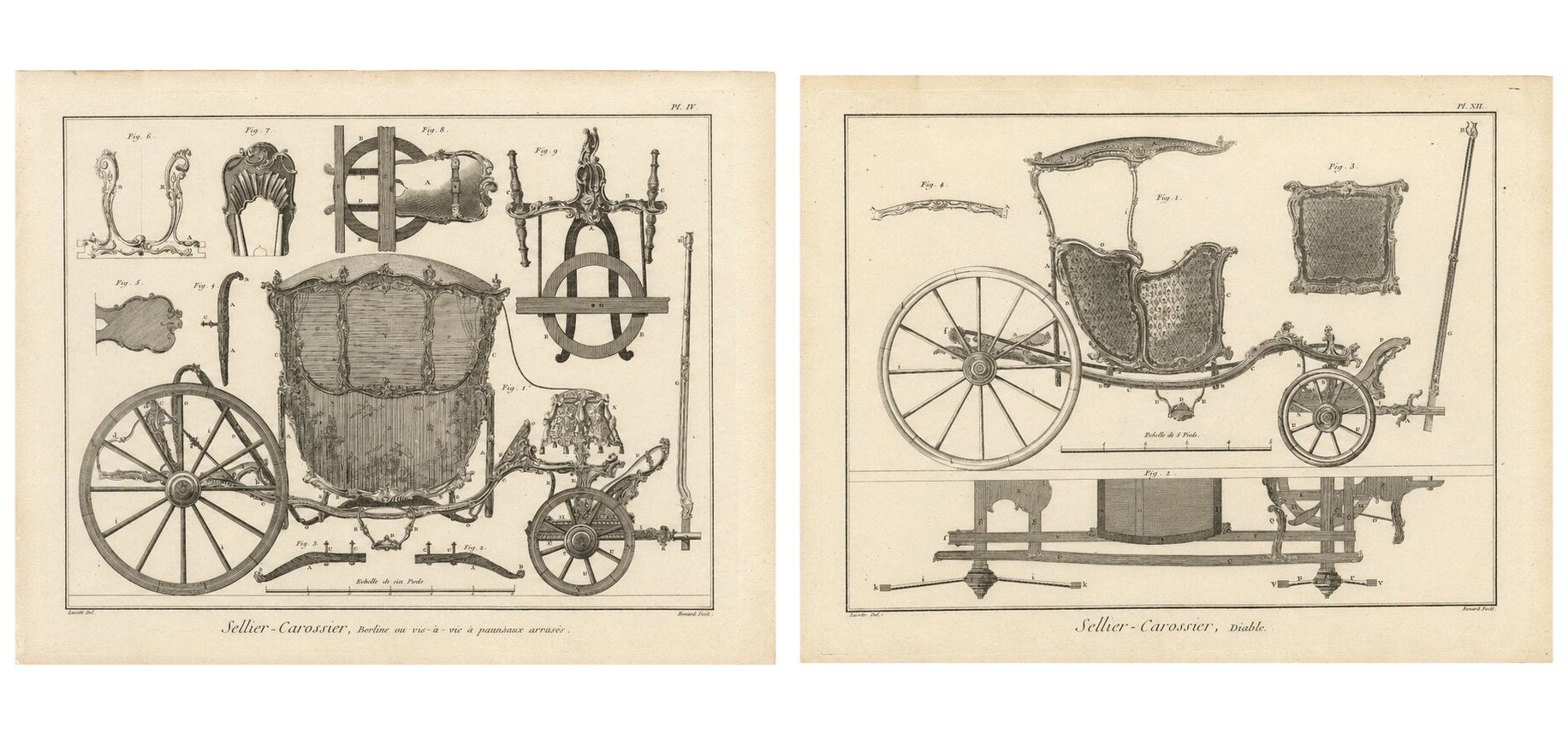 Pair of French Rococo Berlin & Diable Carriage Engravings, 1771 For Sale