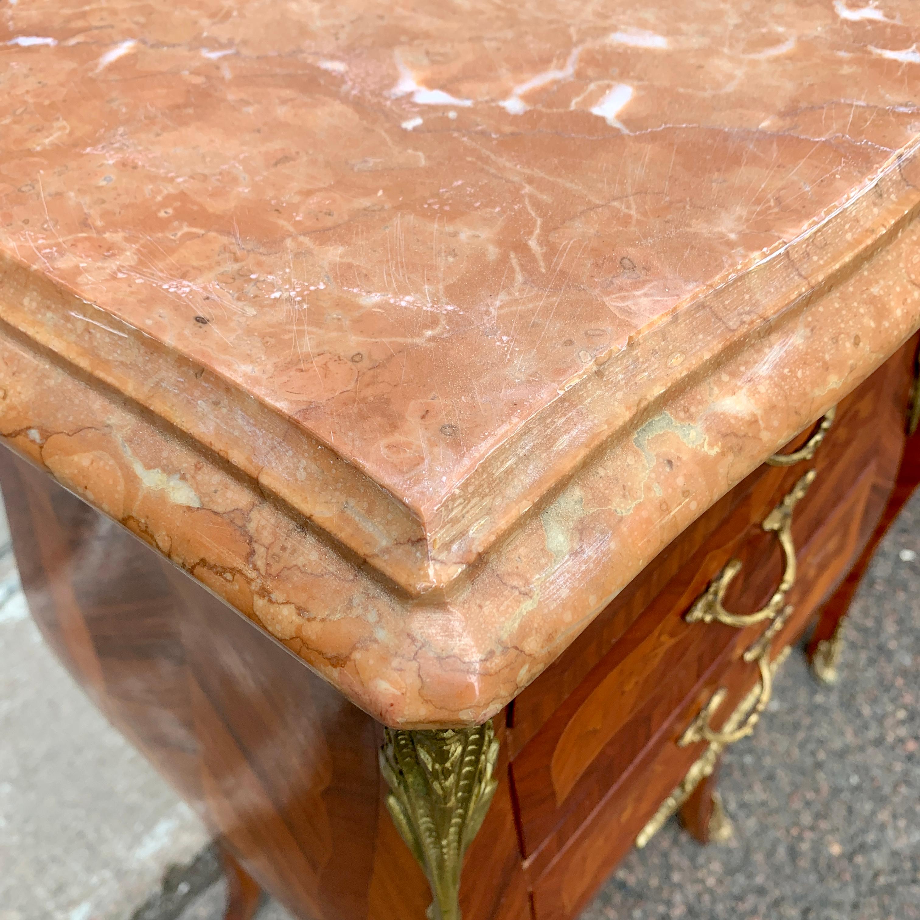 Pair of French Rococo Nightstands in Marquetry With Pink Marble Tops For Sale 5