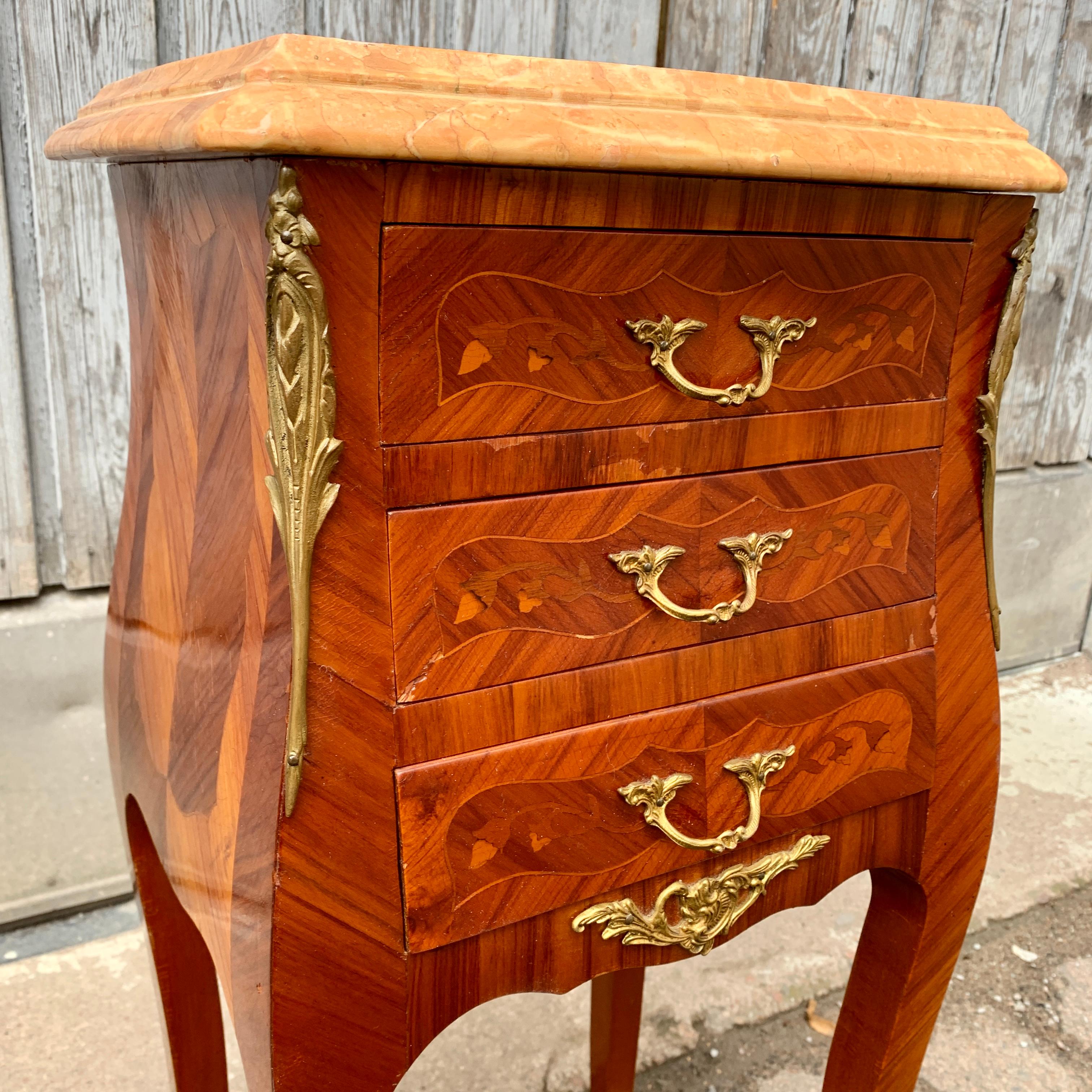 Pair of French Rococo Nightstands in Marquetry With Pink Marble Tops For Sale 8