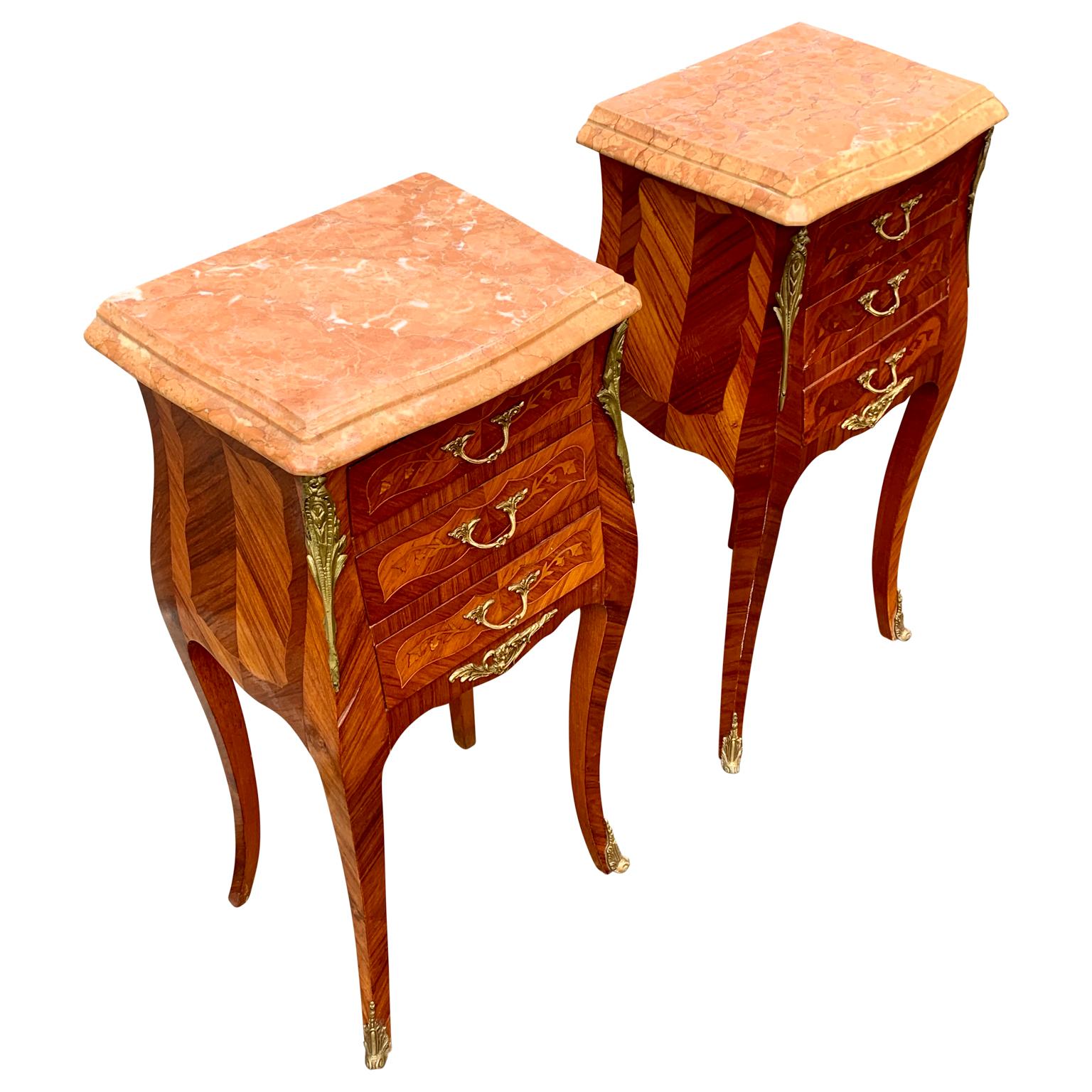 Hand-Crafted Pair of French Rococo Nightstands in Marquetry With Pink Marble Tops For Sale