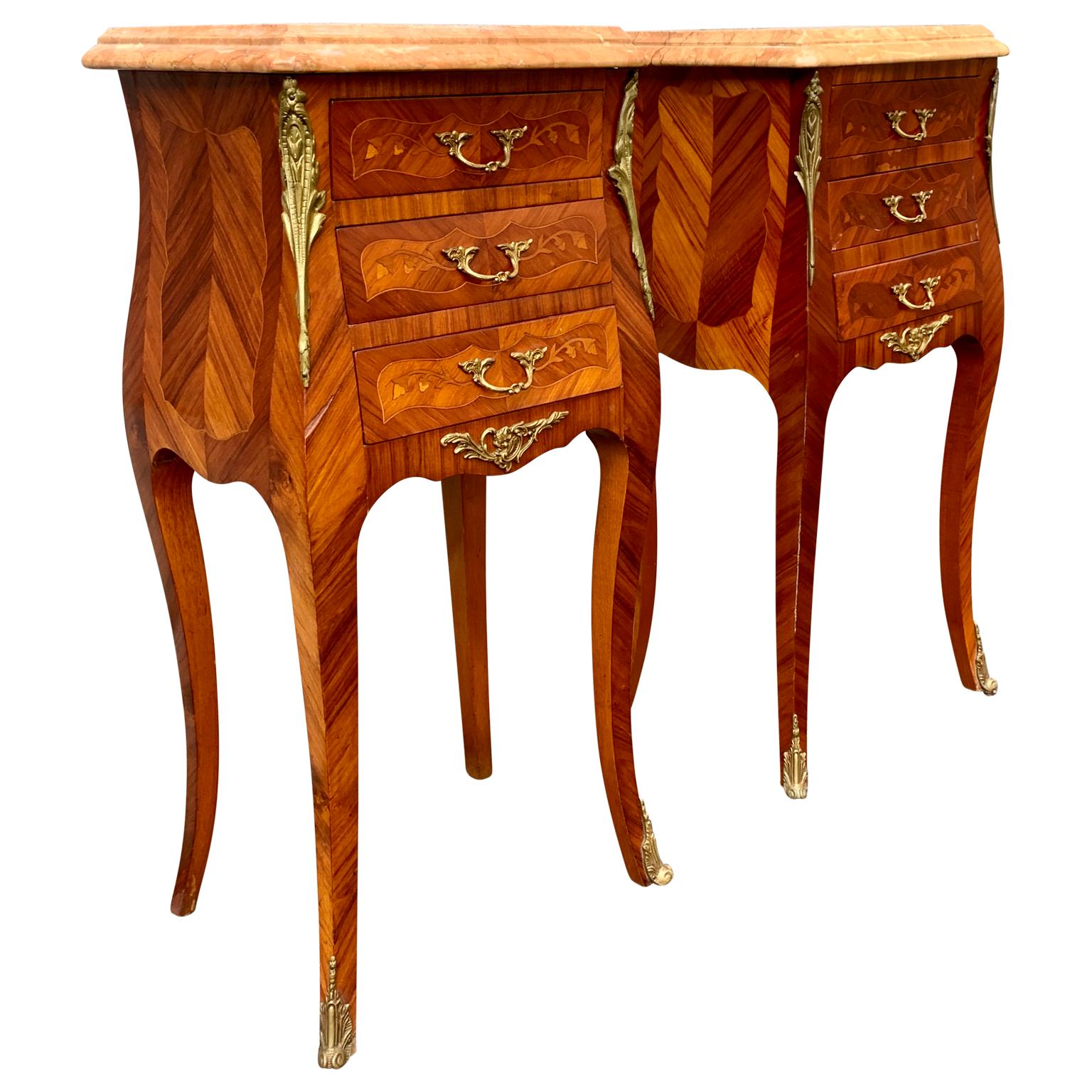 Pair of French Rococo Nightstands in Marquetry With Pink Marble Tops In Good Condition For Sale In Haddonfield, NJ