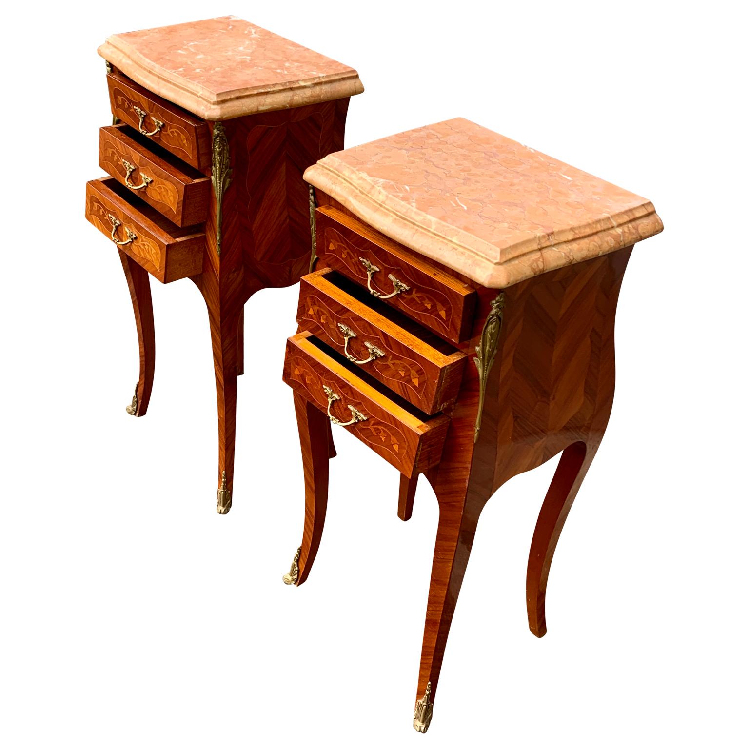 Mid-20th Century Pair of French Rococo Nightstands in Marquetry With Pink Marble Tops For Sale