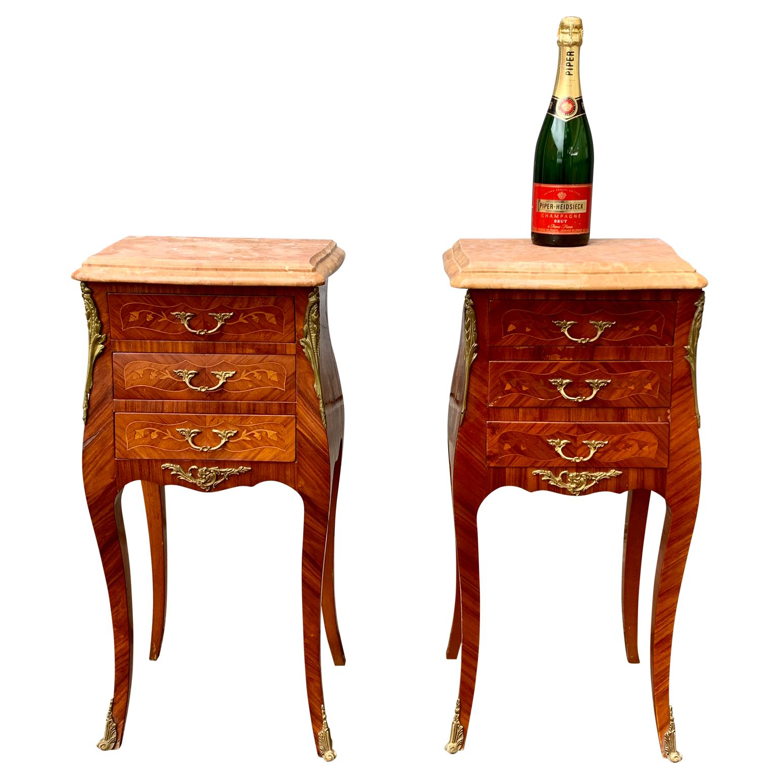Pair of French Rococo Nightstands in Marquetry With Pink Marble Tops For Sale 1