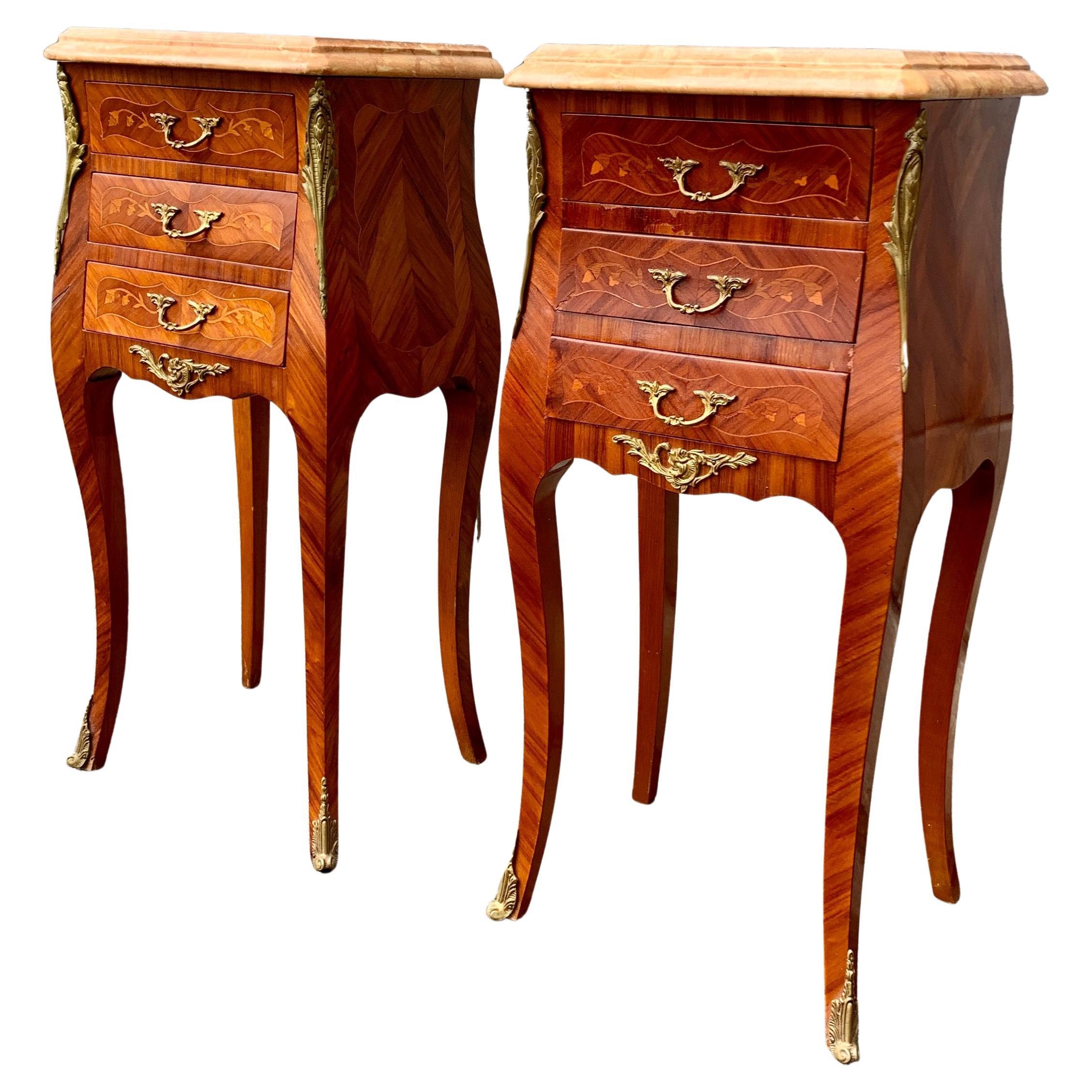 Pair of French Rococo Nightstands in Marquetry With Pink Marble Tops For Sale