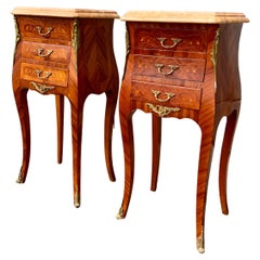 Retro Pair of French Rococo Nightstands in Marquetry With Pink Marble Tops