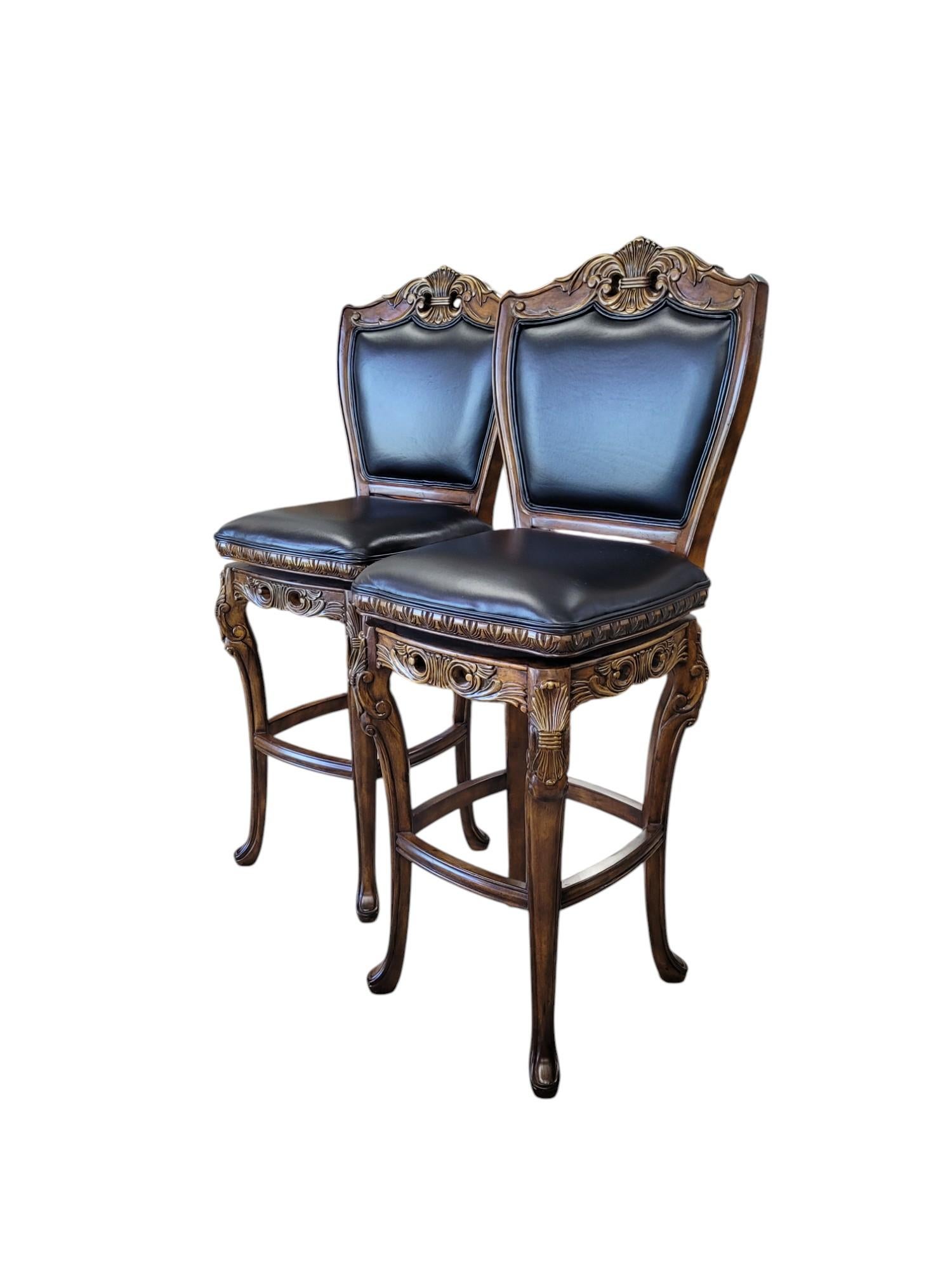 Carved Pair of French Rococo Revival 360° Swivel Bar Stools For Sale