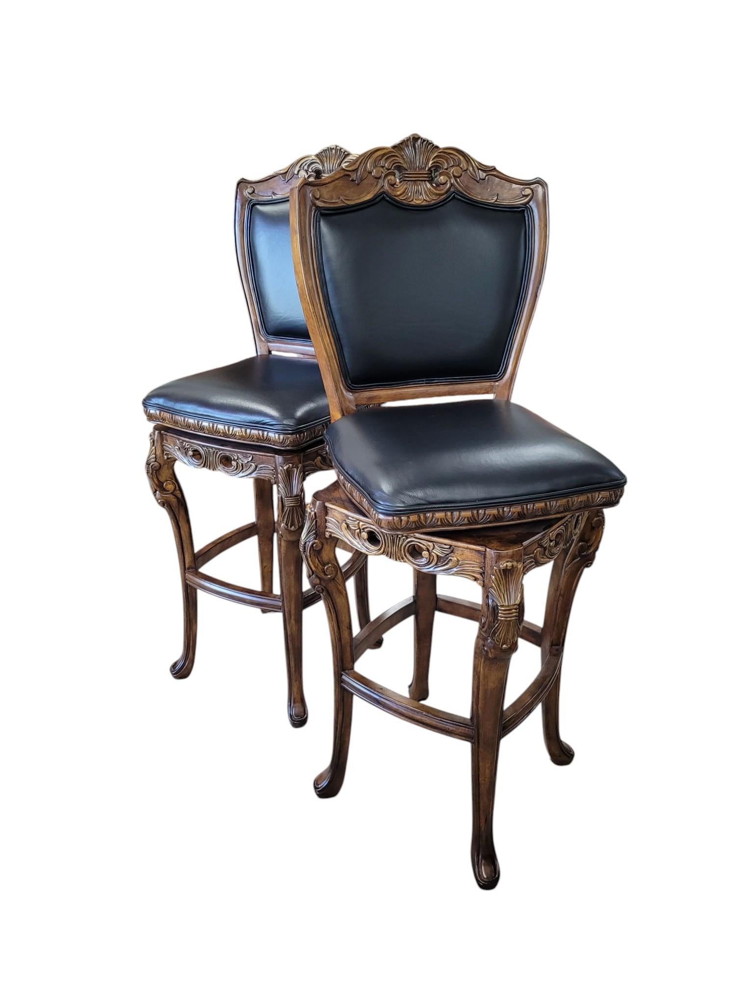 Pair of French Rococo Revival 360° Swivel Bar Stools In Good Condition For Sale In North Palm Beach, FL