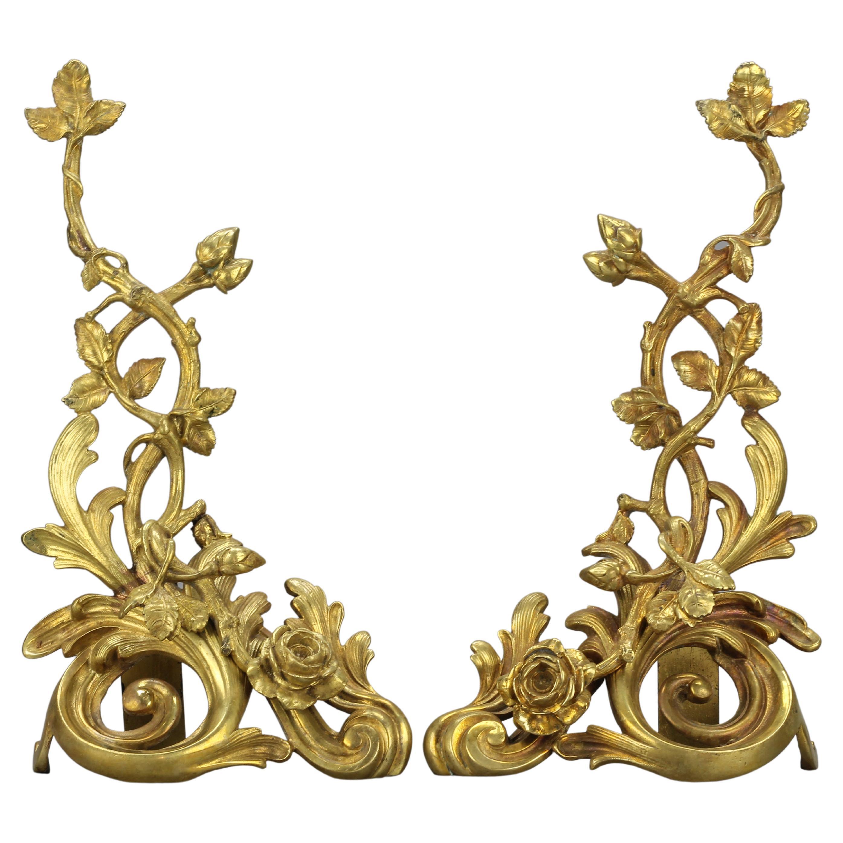 Pair of French Rococo Style Bronze Decors with Roses, Late 19th Century For Sale