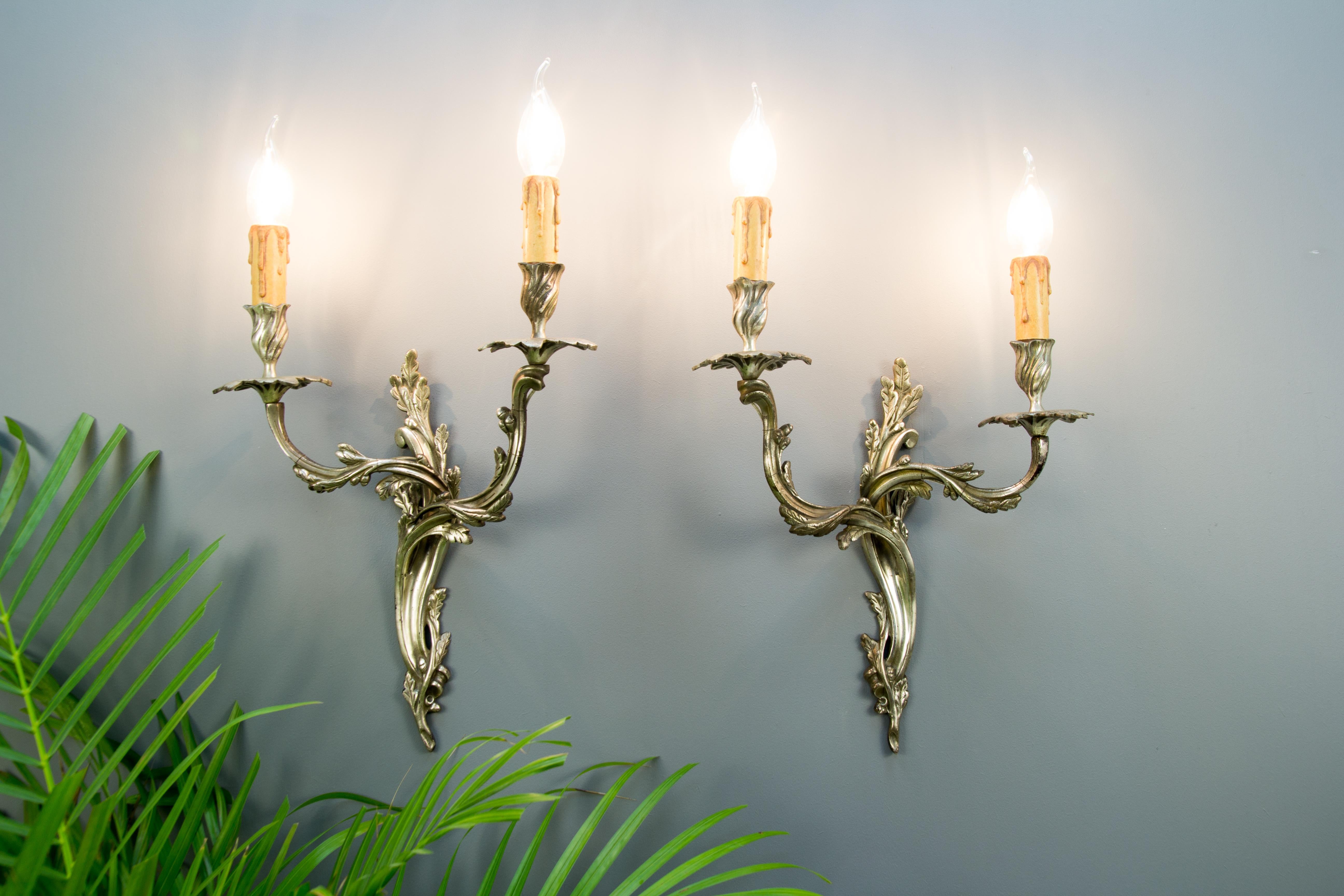 Pair of French Rococo Style Silver Color Bronze Two-Light  Sconces 12