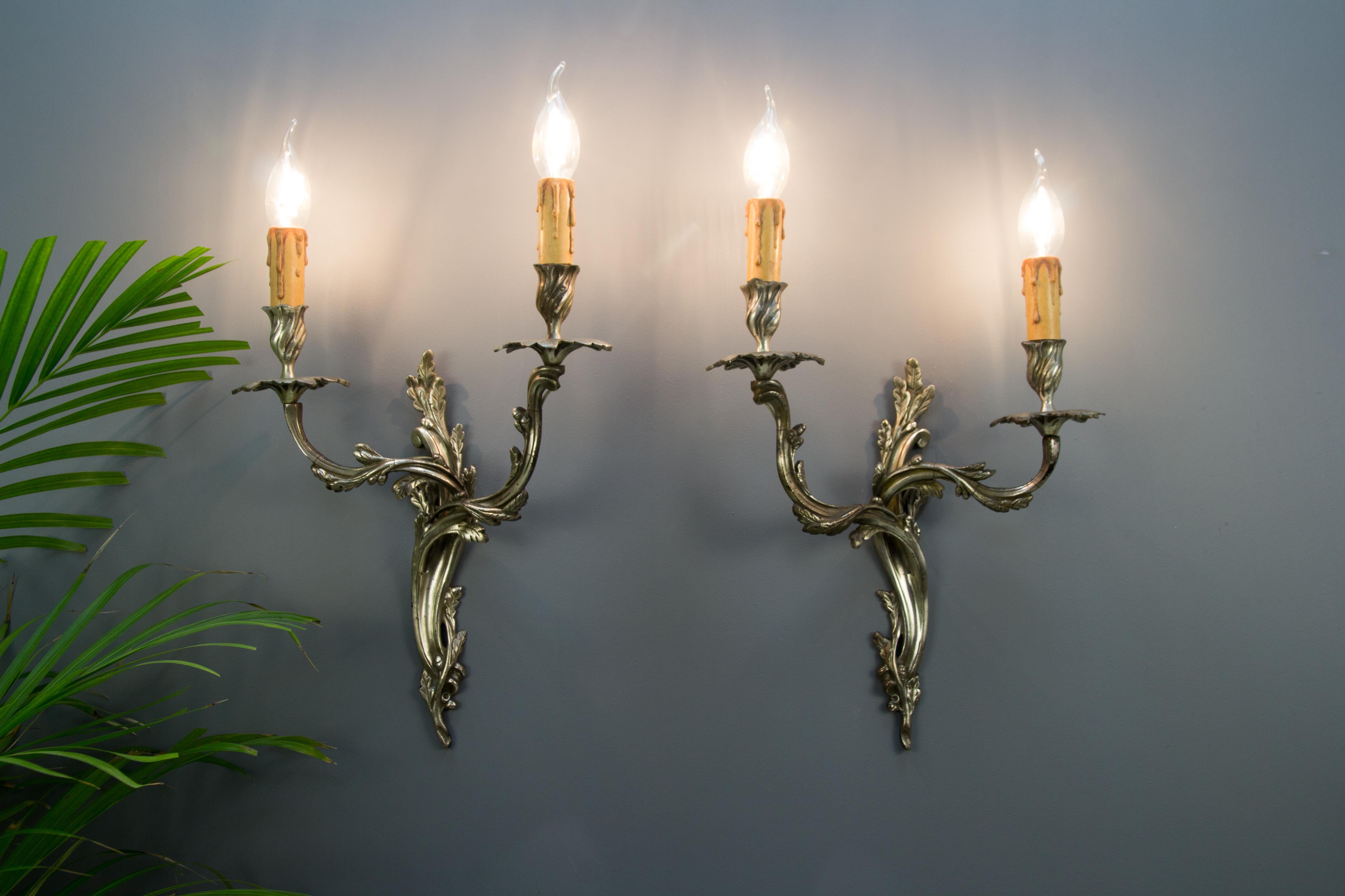 Pair of French Rococo Style Silver Color Bronze Two-Light  Sconces 14