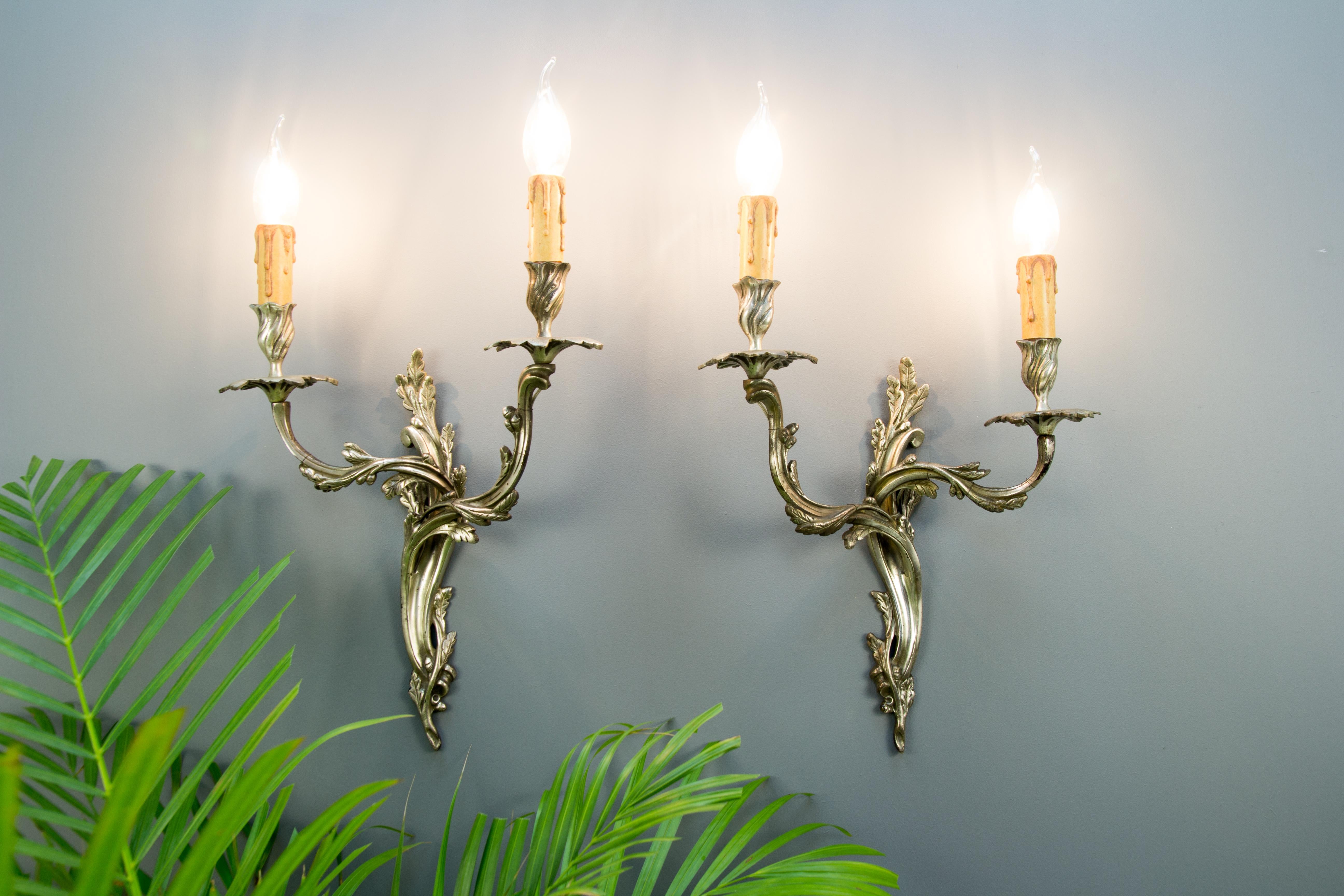 Louis XV Pair of French Rococo Style Silver Color Bronze Two-Light  Sconces