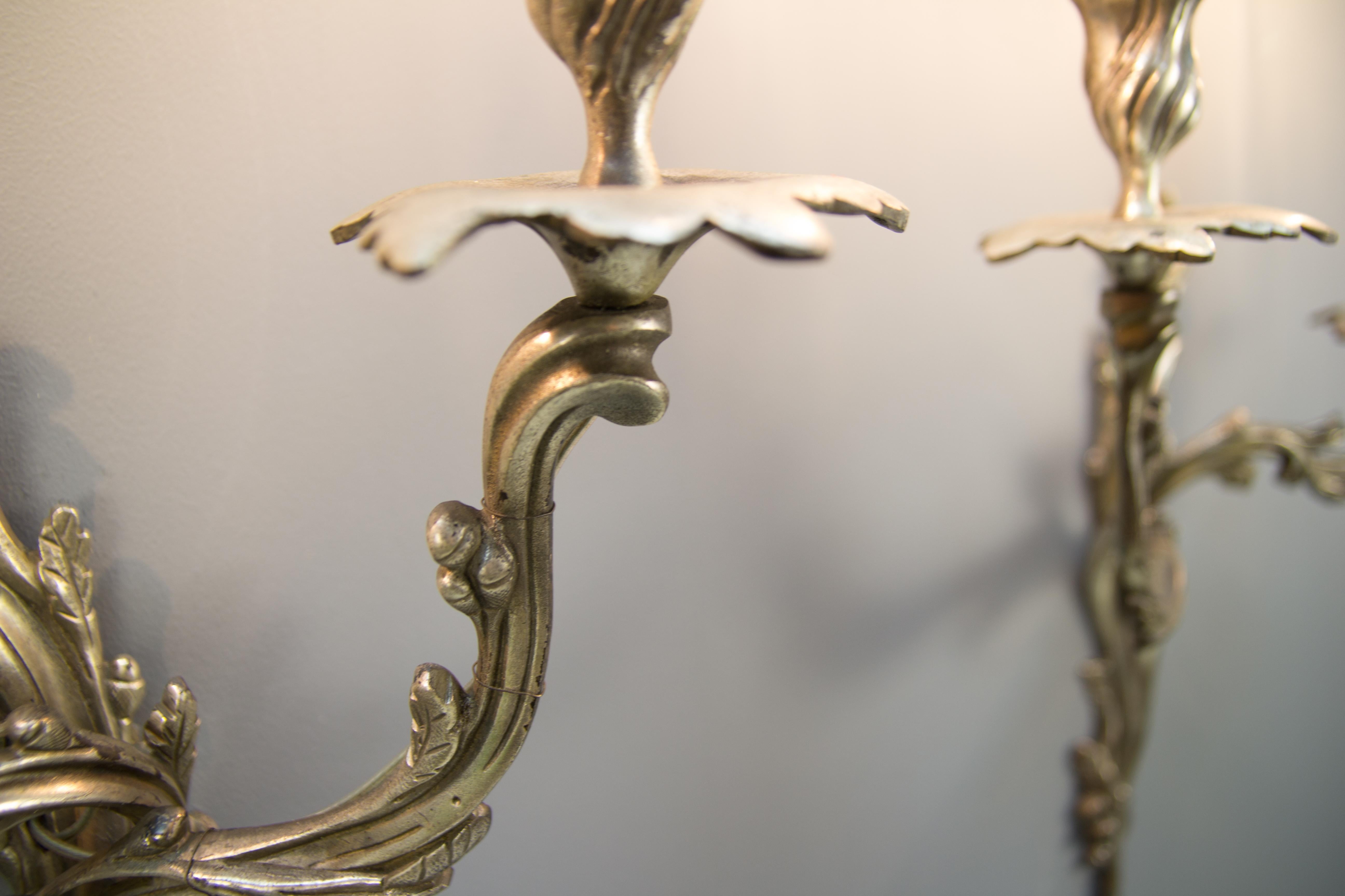 Pair of French Rococo Style Silver Color Bronze Two-Light  Sconces In Good Condition In Barntrup, DE