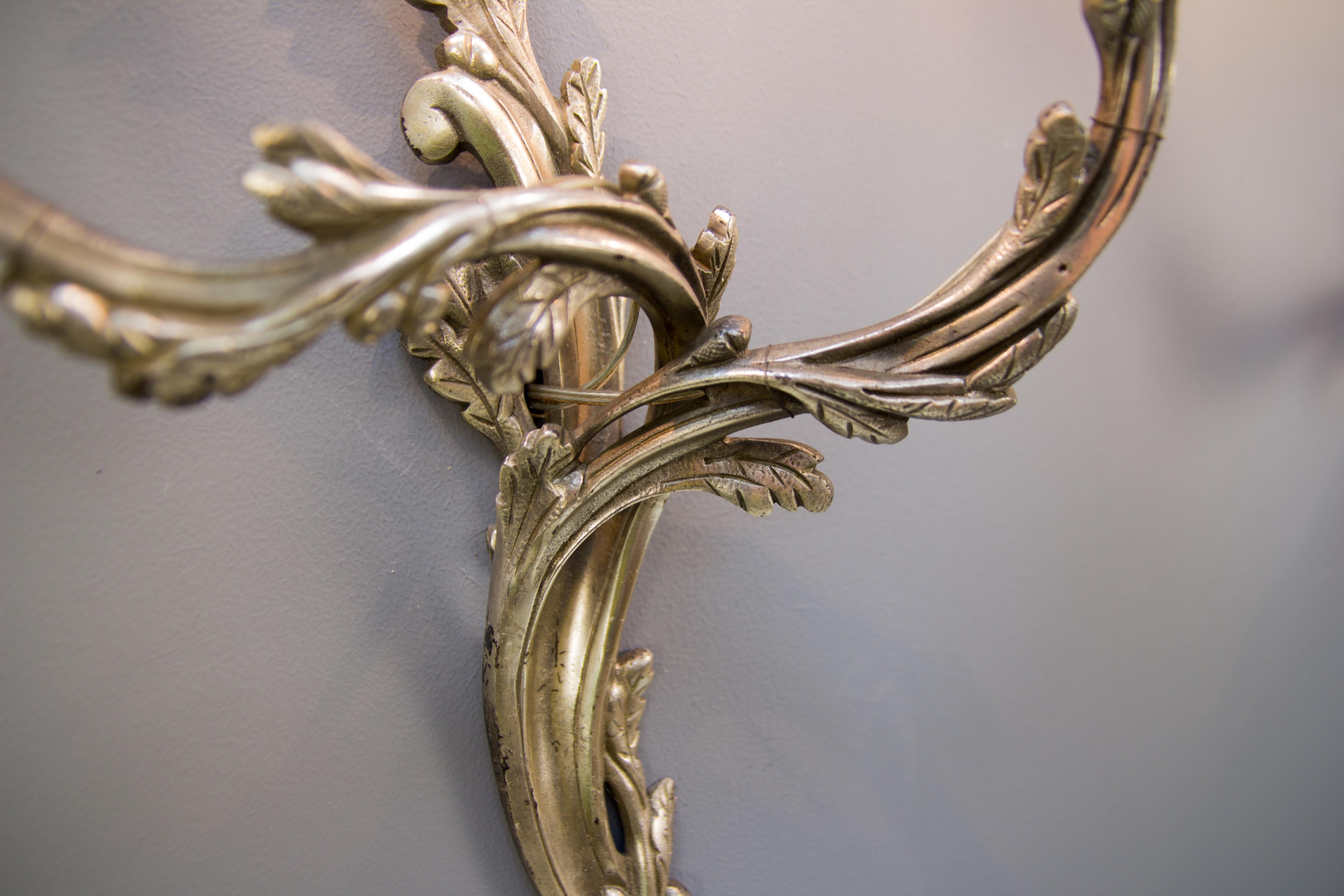 Early 20th Century Pair of French Rococo Style Silver Color Bronze Two-Light  Sconces