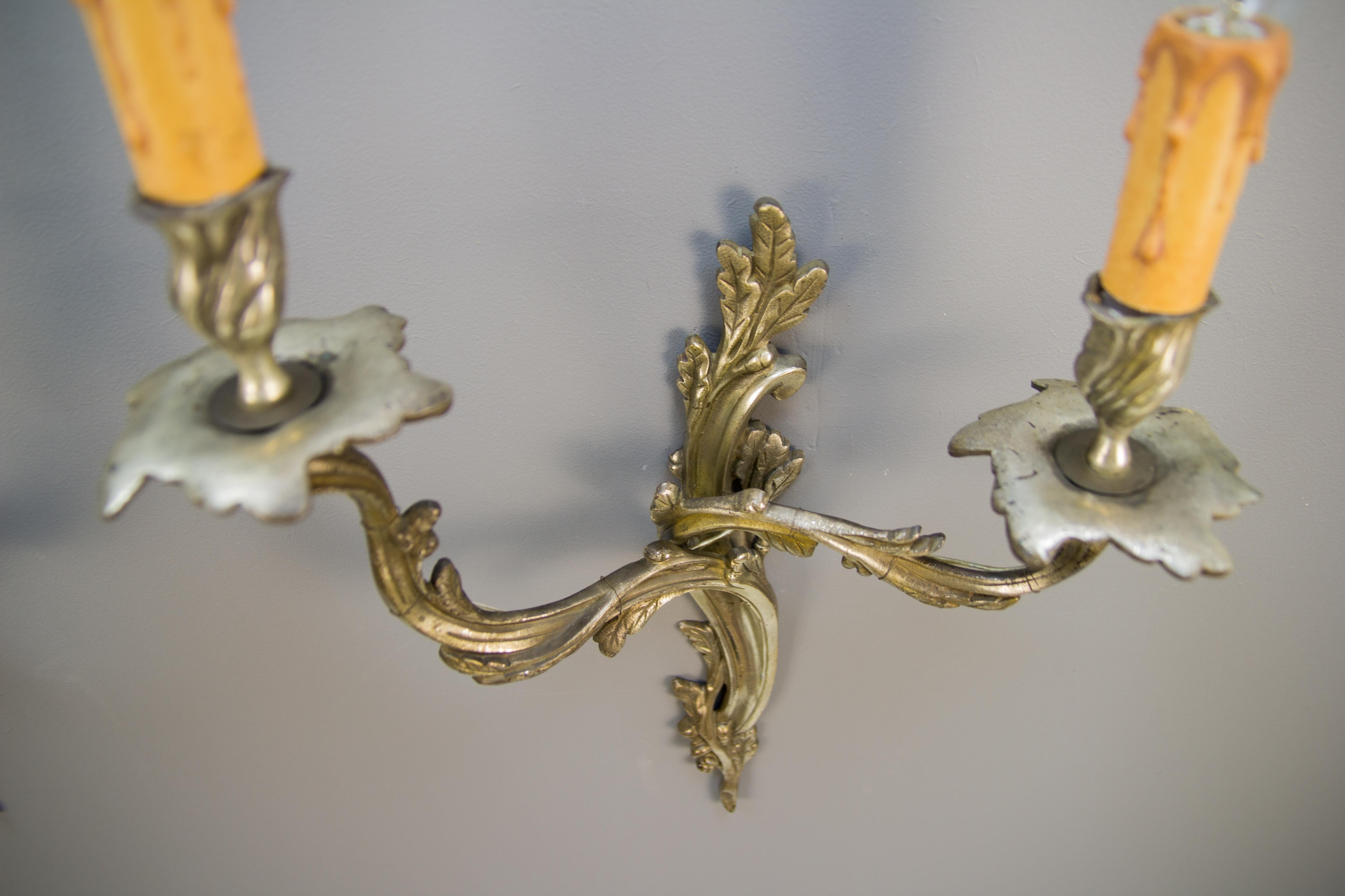 Pair of French Rococo Style Silver Color Bronze Two-Light  Sconces 3