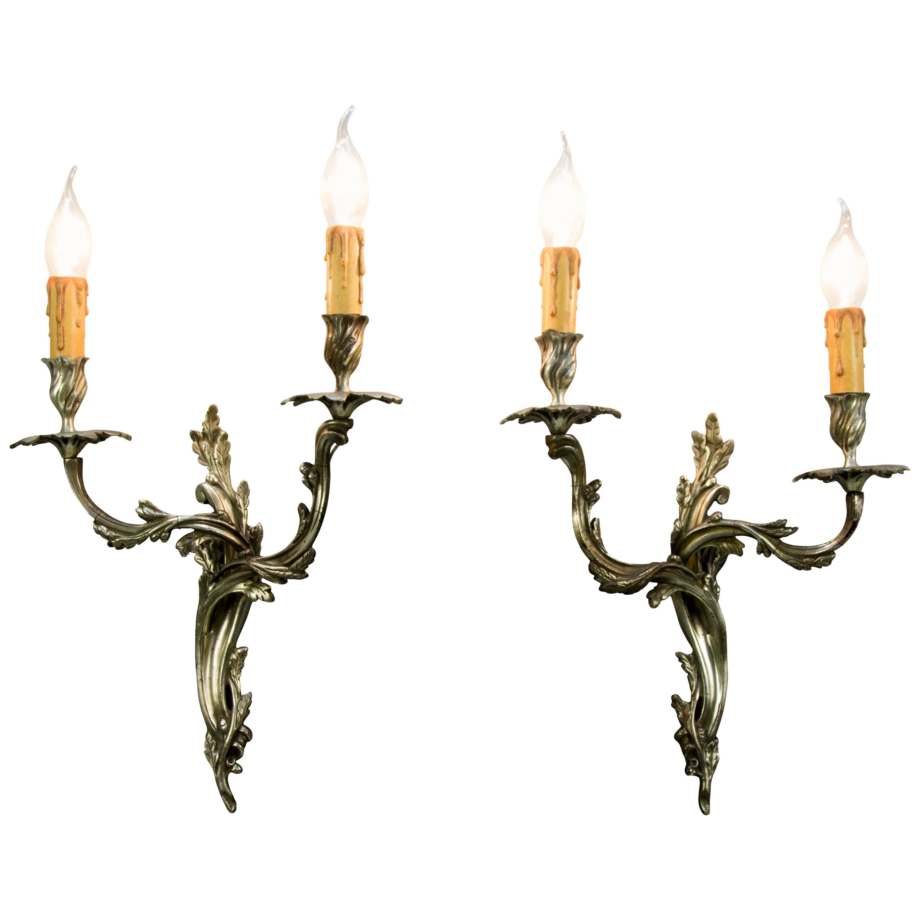 Pair of French Rococo Style Silver Color Bronze Two-Light  Sconces