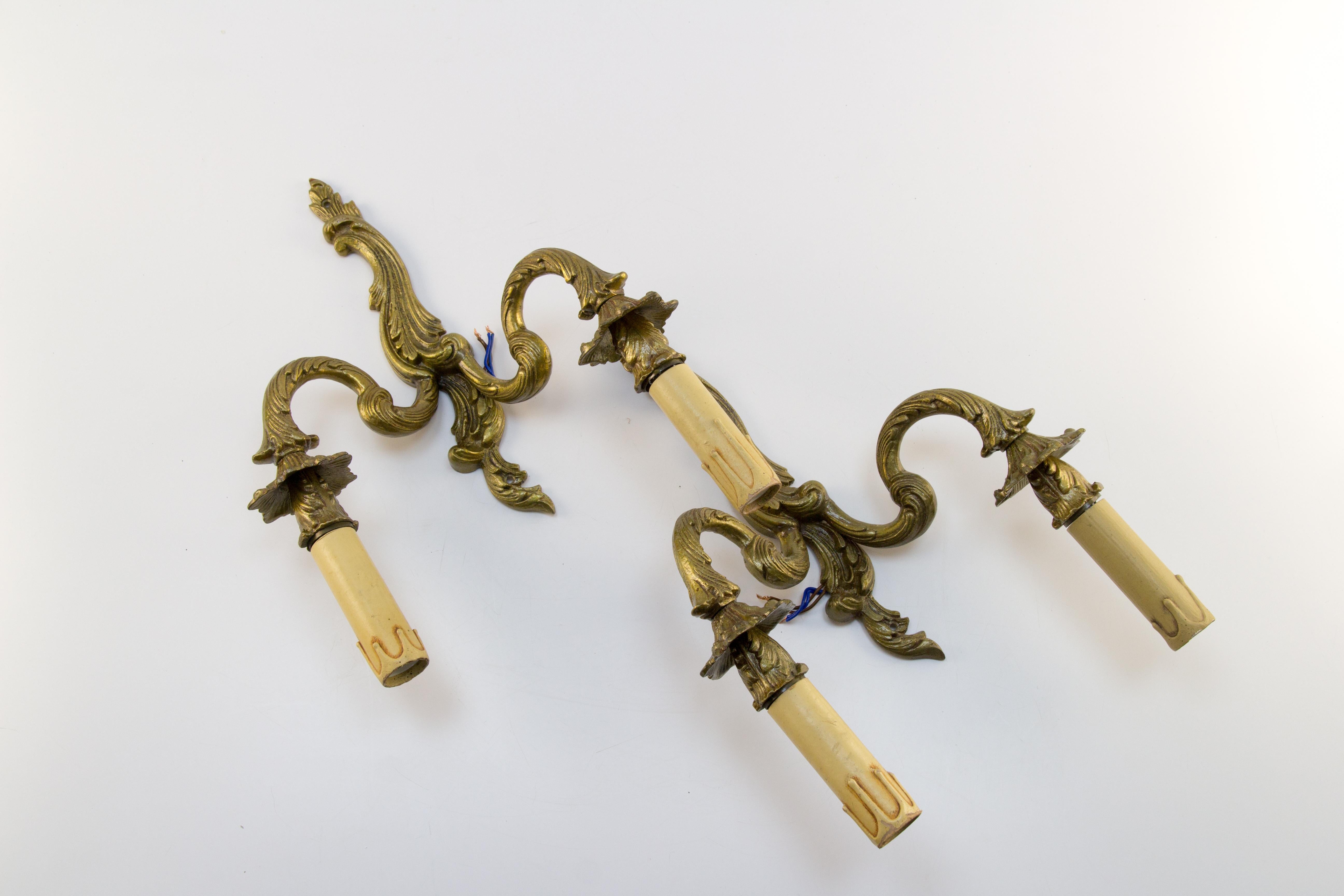 Pair of French Rococo Style Bronze Twin Arm Wall Sconces 6