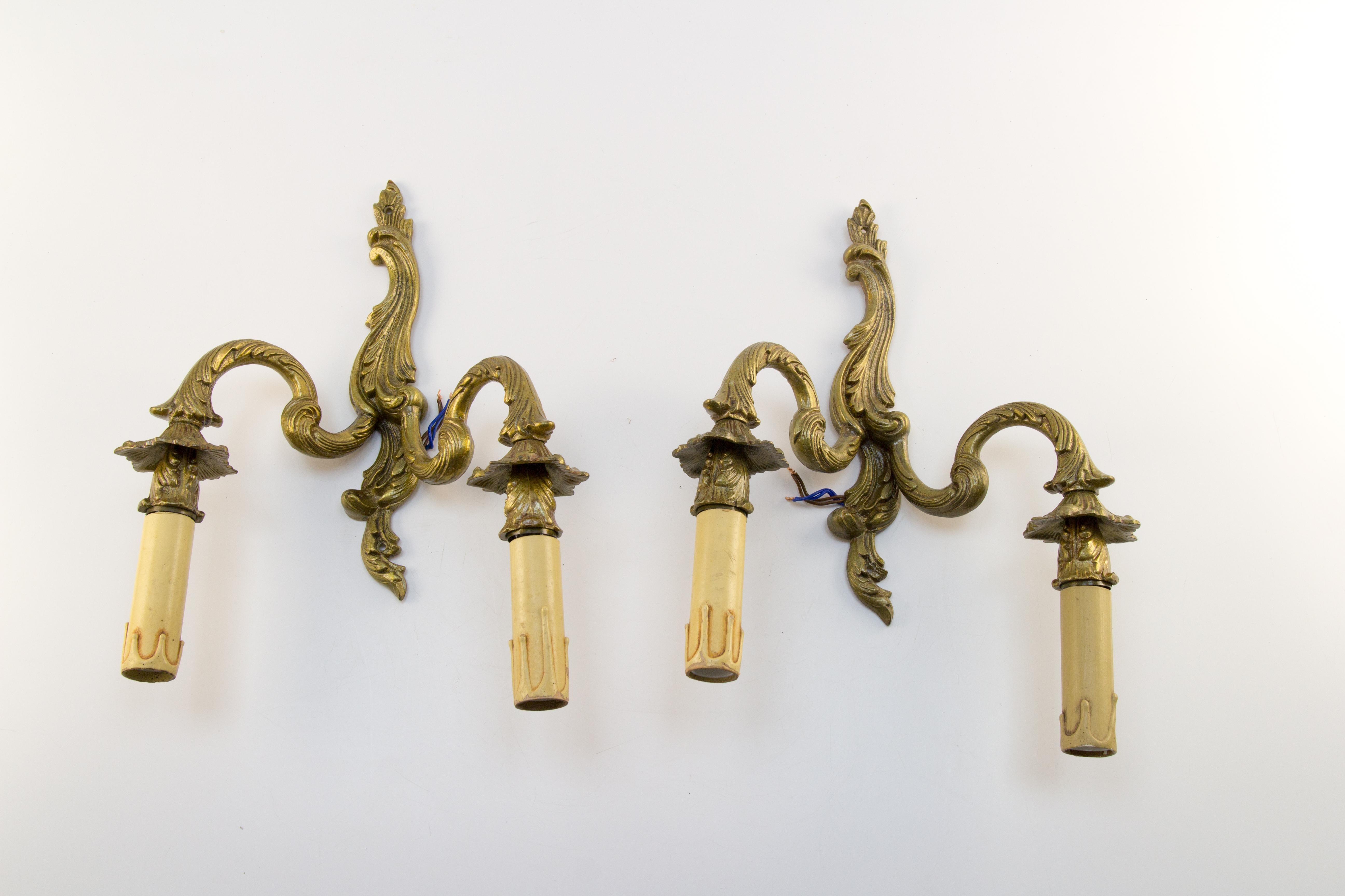 Pair of French Rococo Style Bronze Twin Arm Wall Sconces 7
