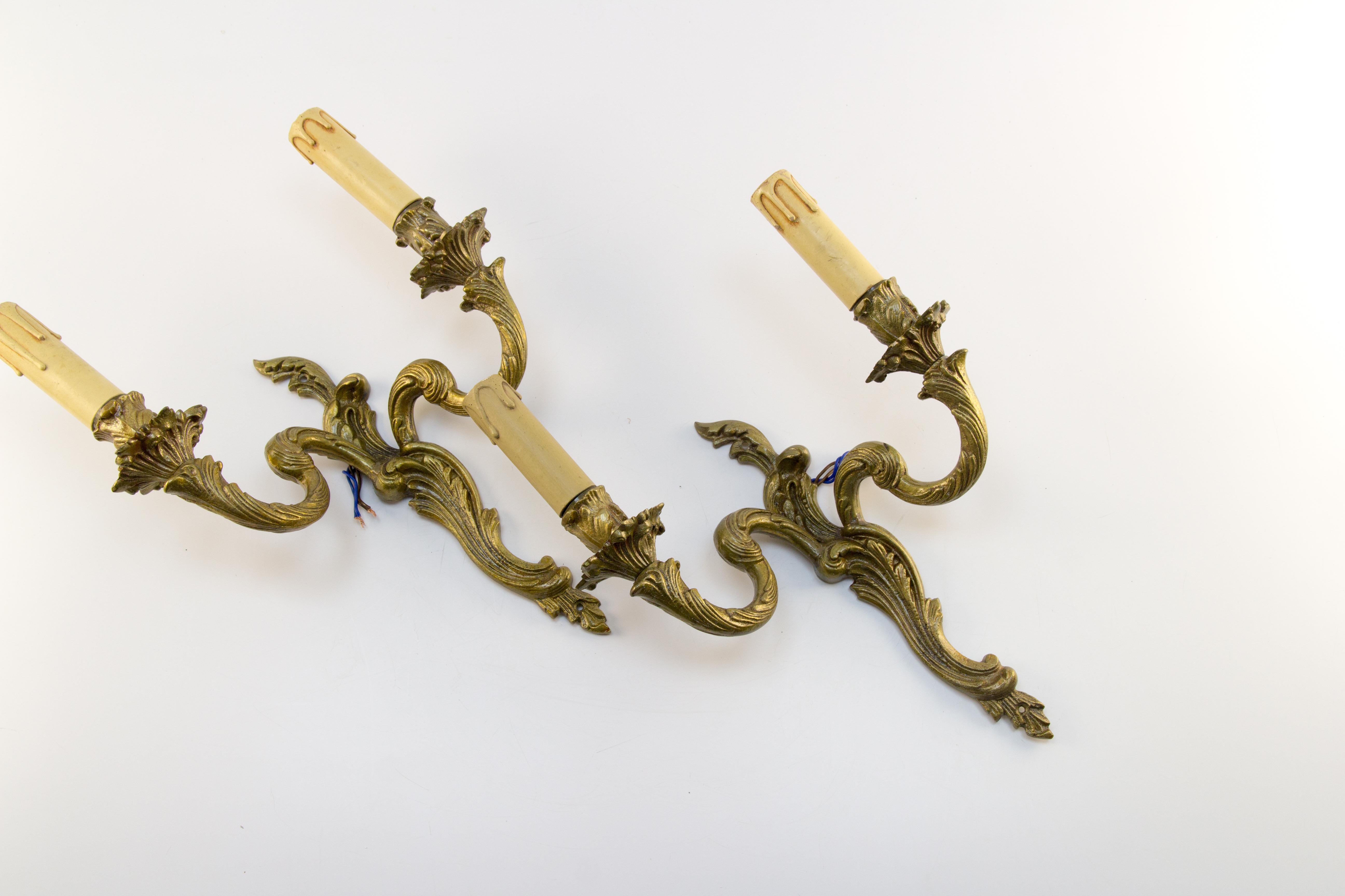 Pair of French Rococo Style Bronze Twin Arm Wall Sconces 9
