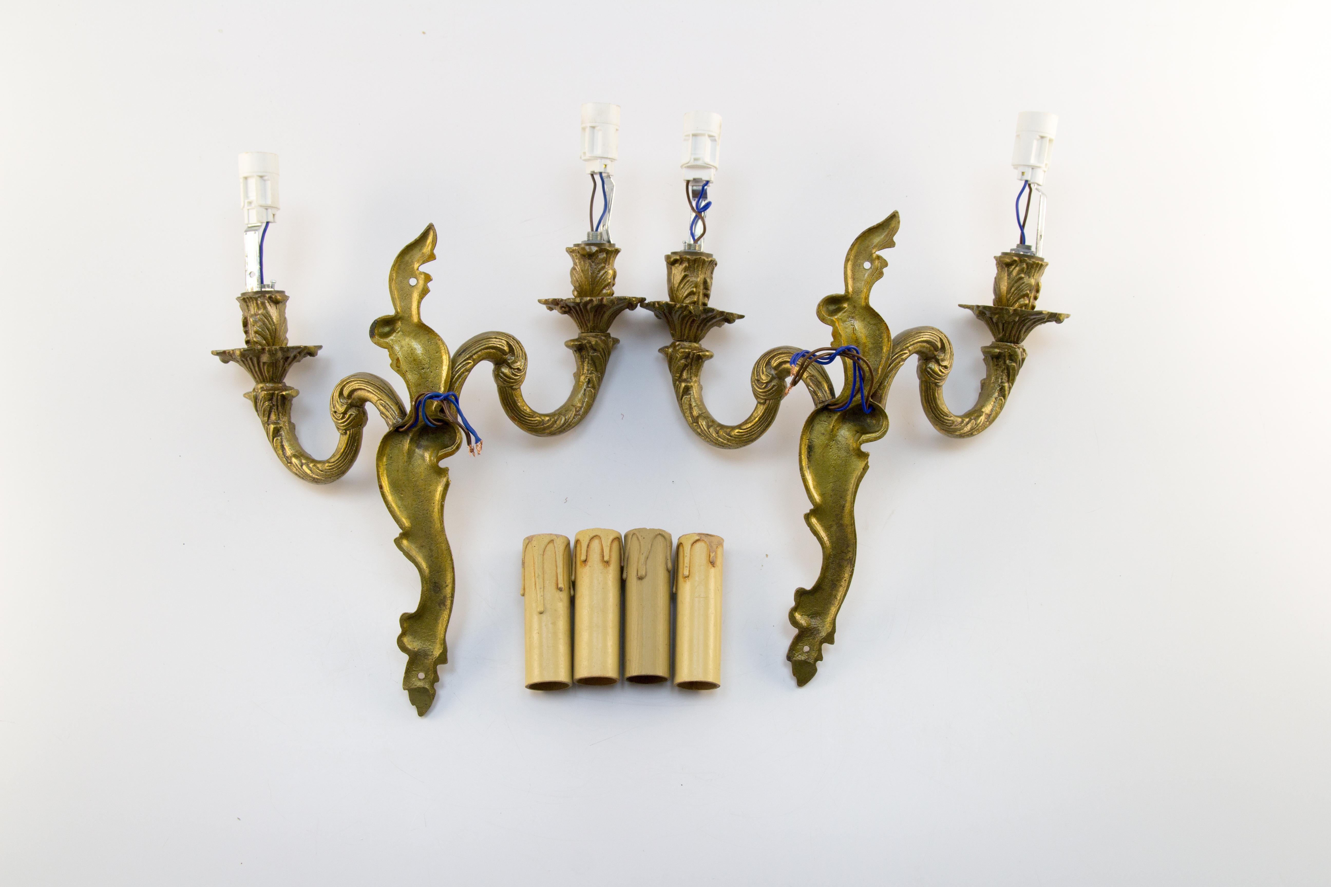 Pair of French Rococo Style Bronze Twin Arm Wall Sconces 10