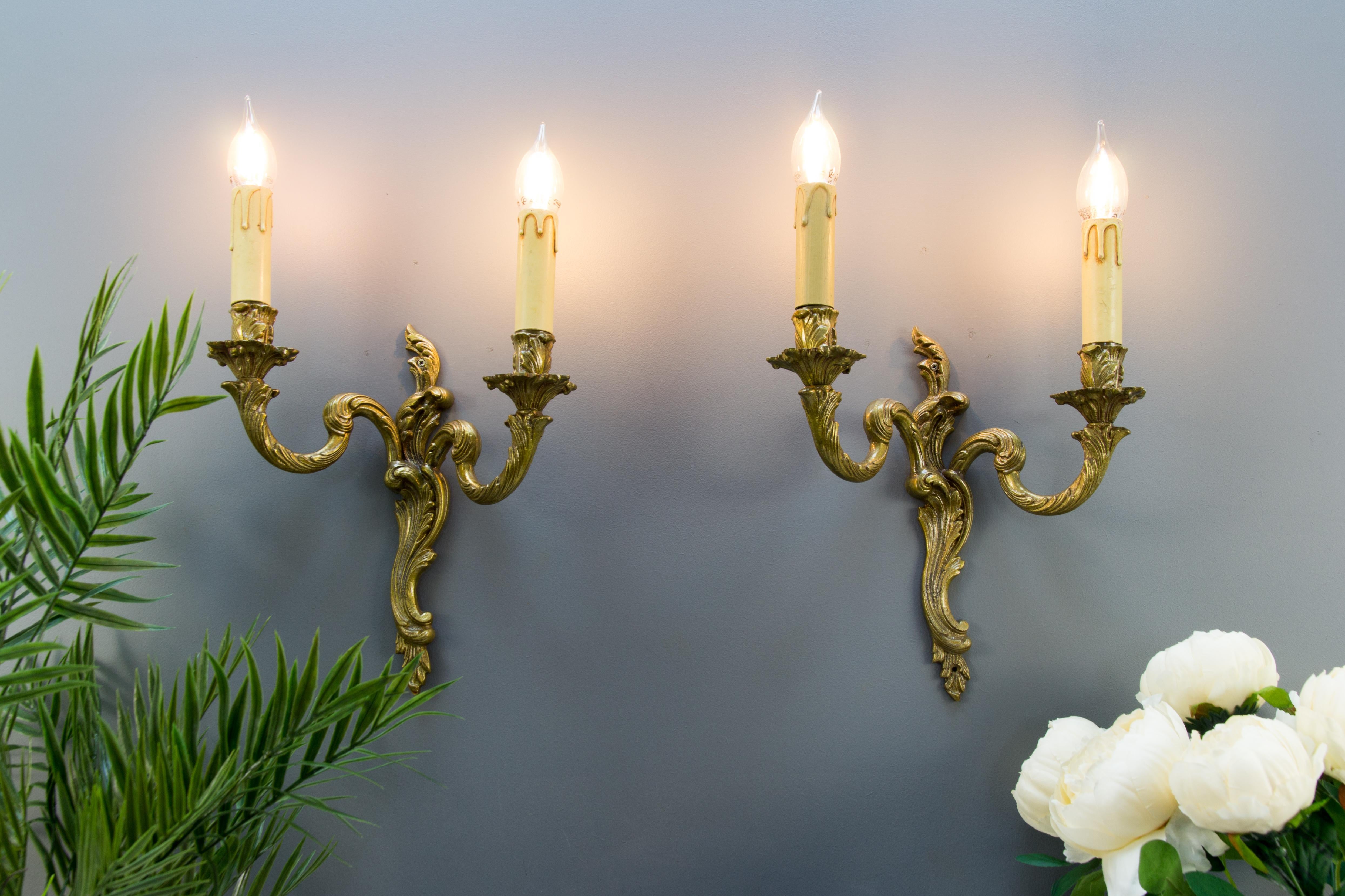 Pair of French Rococo Style Bronze Twin Arm Wall Sconces 2