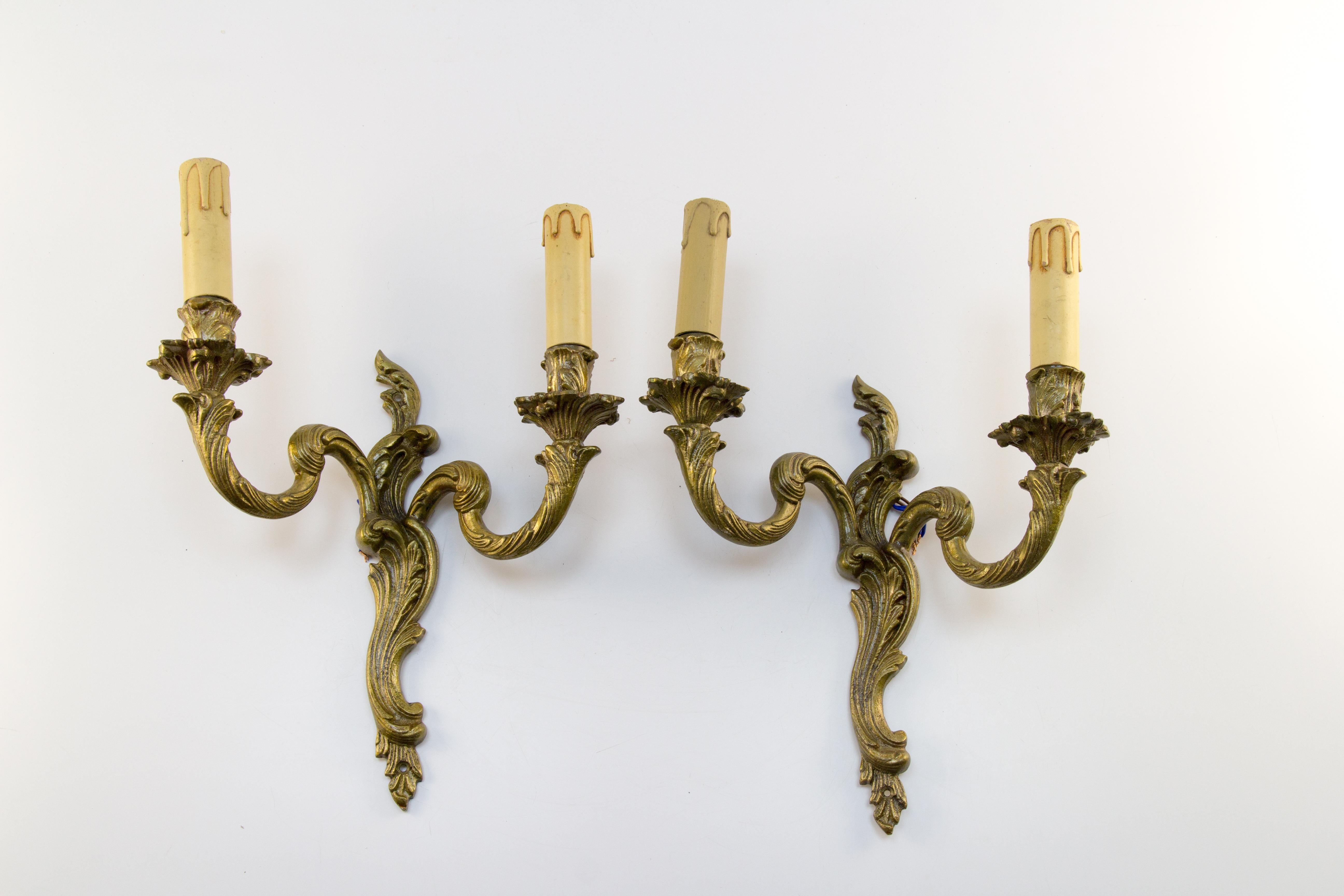 Pair of French Rococo Style Bronze Twin Arm Wall Sconces 3