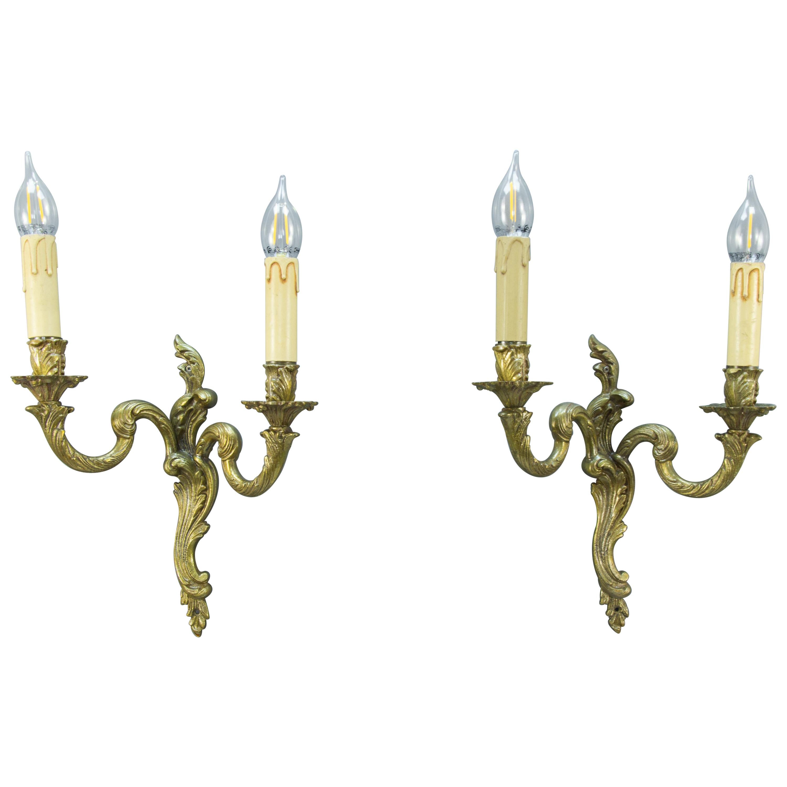 Pair of French Rococo Style Bronze Twin Arm Wall Sconces