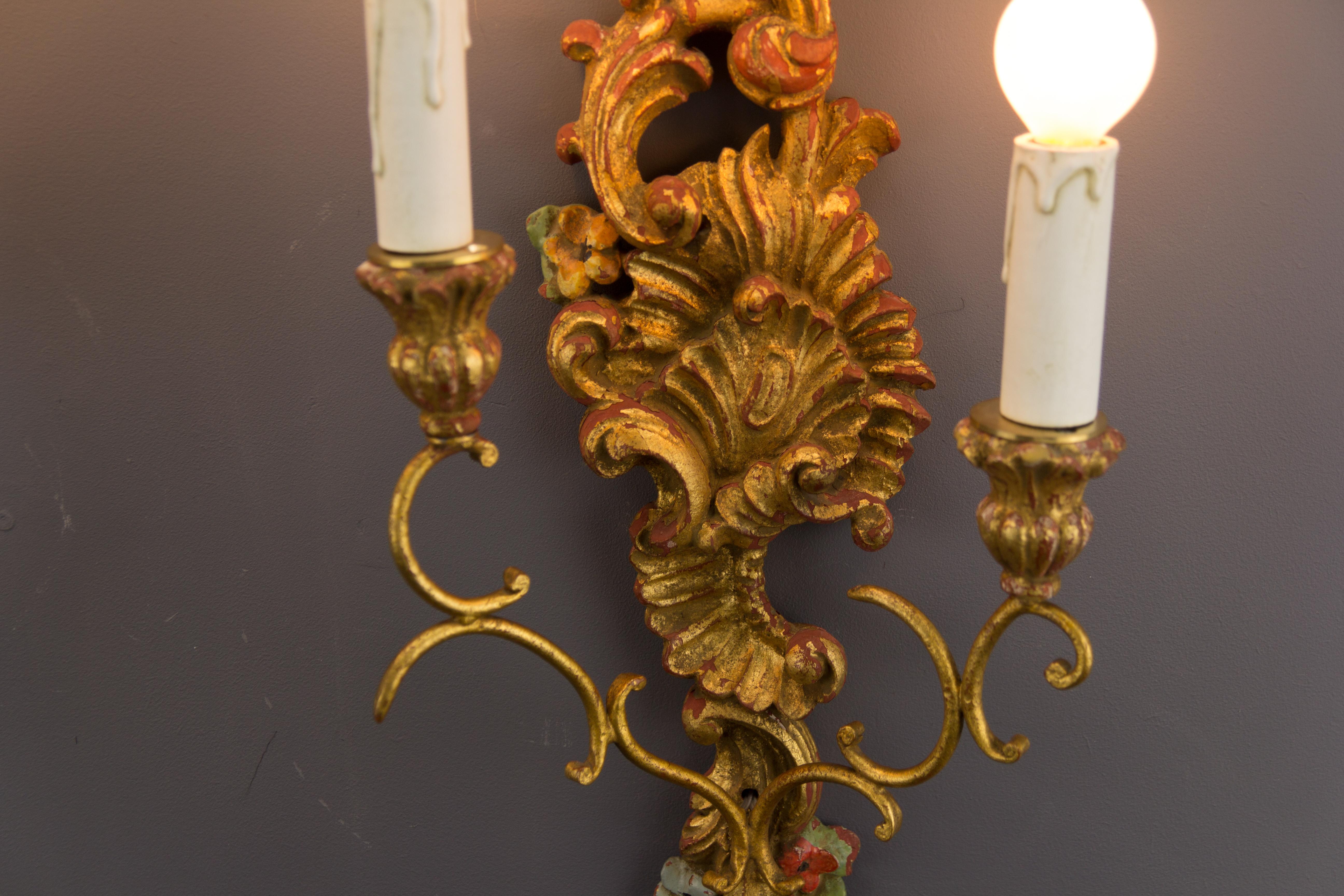 Pair of French Rococo Style Carved and Polychrome Painted Wood Sconces, 1930s For Sale 4