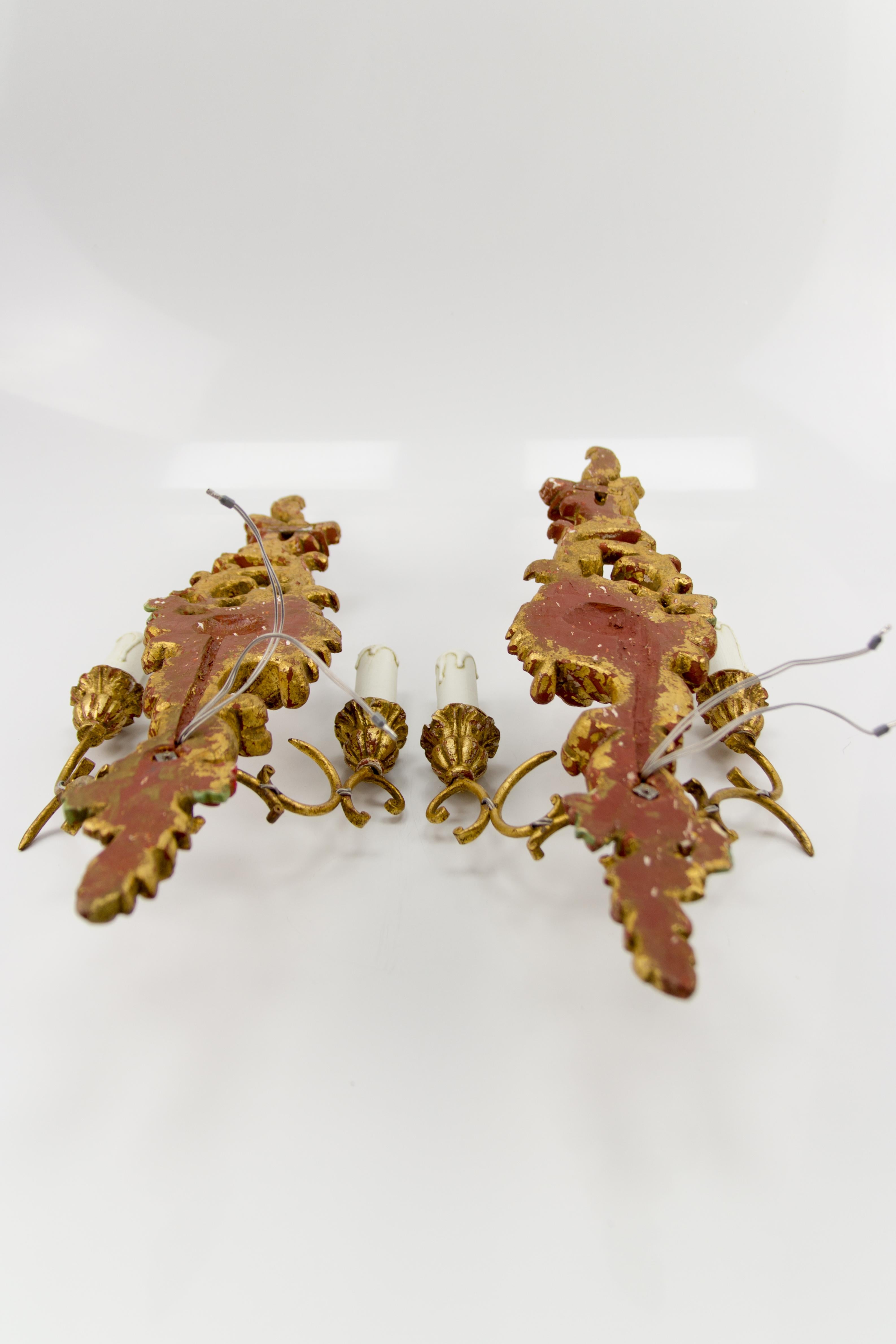 Pair of French Rococo Style Carved and Polychrome Painted Wood Sconces, 1930s For Sale 12