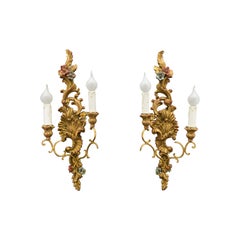 Pair of French Rococo Style Carved and Polychrome Painted Wood Sconces, 1930s
